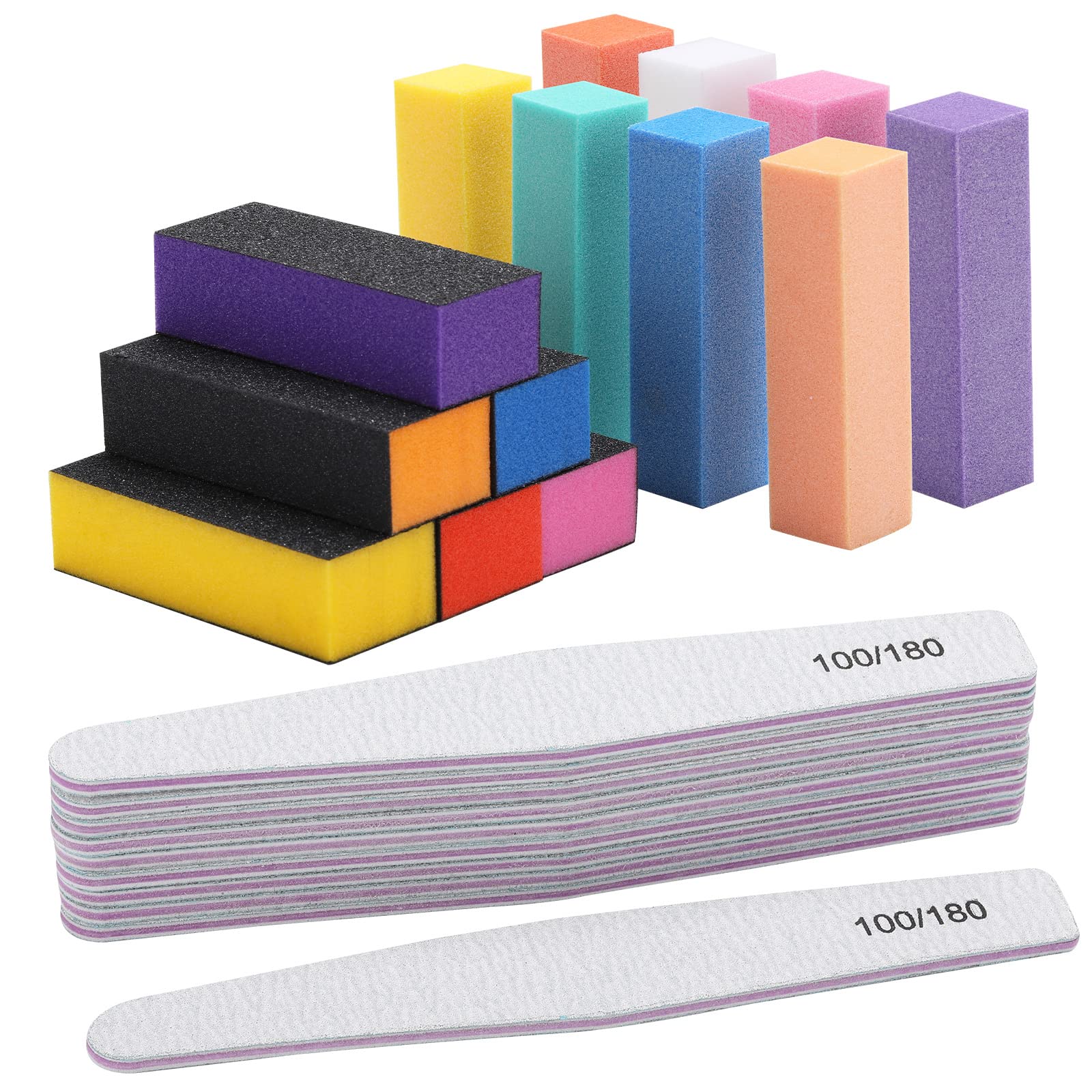 24-Piece Nail File & Buffer Kit - 100/180 Grit Emery Boards & 80/120 Grit Buffing Blocks for Natural & Acrylic Nails - Professional Manicure & Pedicure Tools for Home & Salon Use