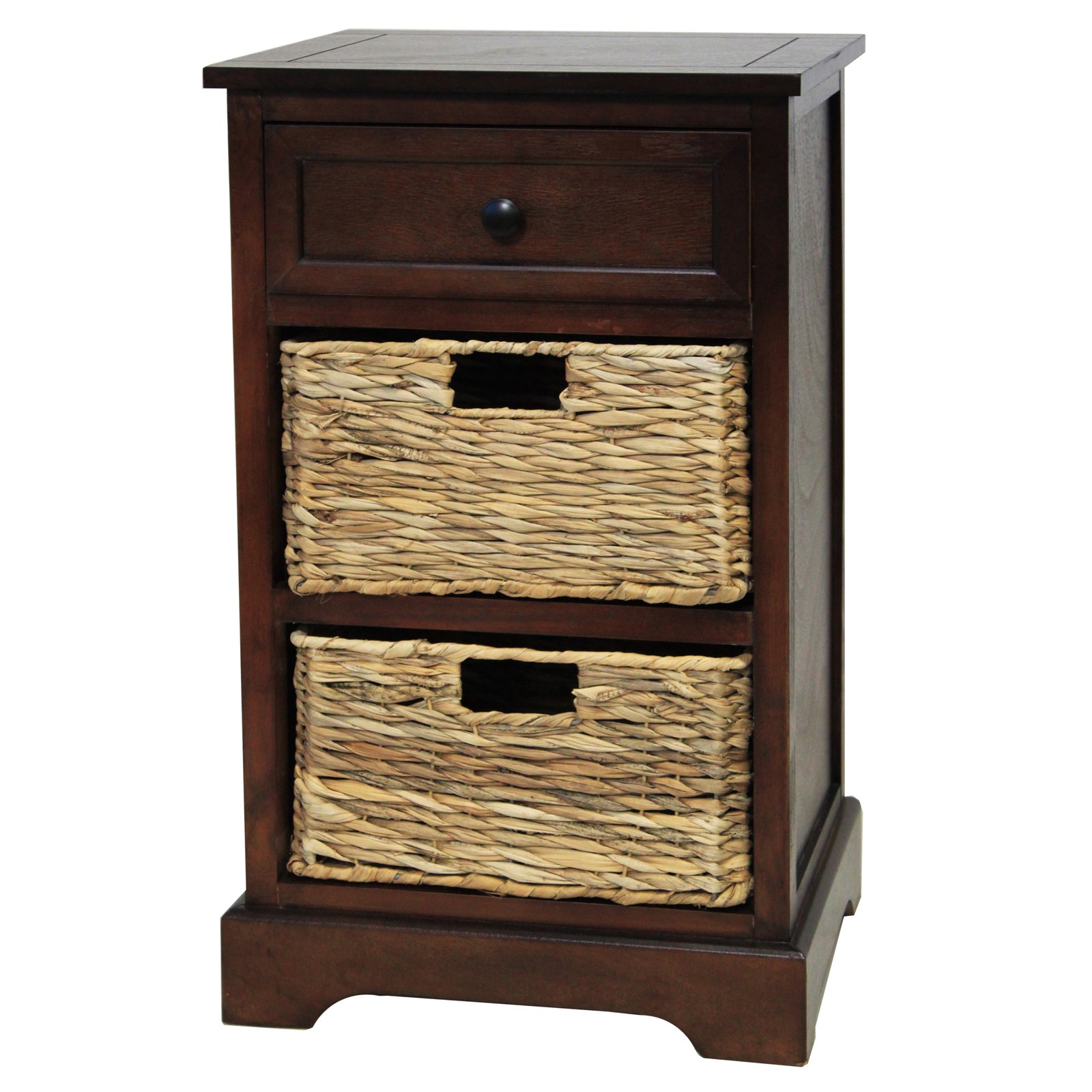 Urban Designs 7767169 Malibu 3-Drawer Nightstand with Wicker Baskets - Medium Coffee Finish - Bedside Table for Bedroom, Living Room, or Guest Room Storage