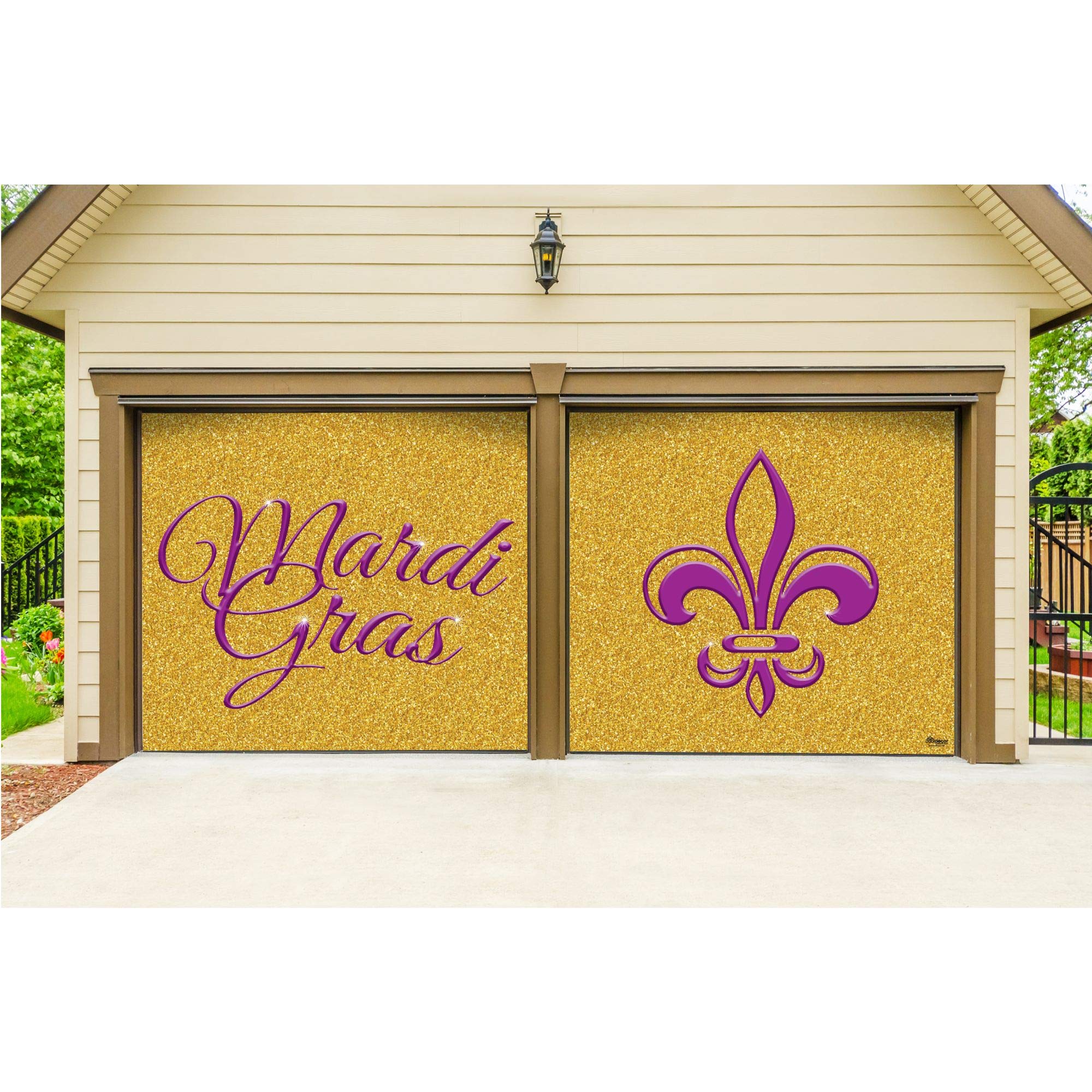 CC Home Furnishings 7' x 8' Purple and Gold Glitter Split Car Garage Banner Door - Perfect for Birthday Parties, Graduations, and Sports Events Decorations
