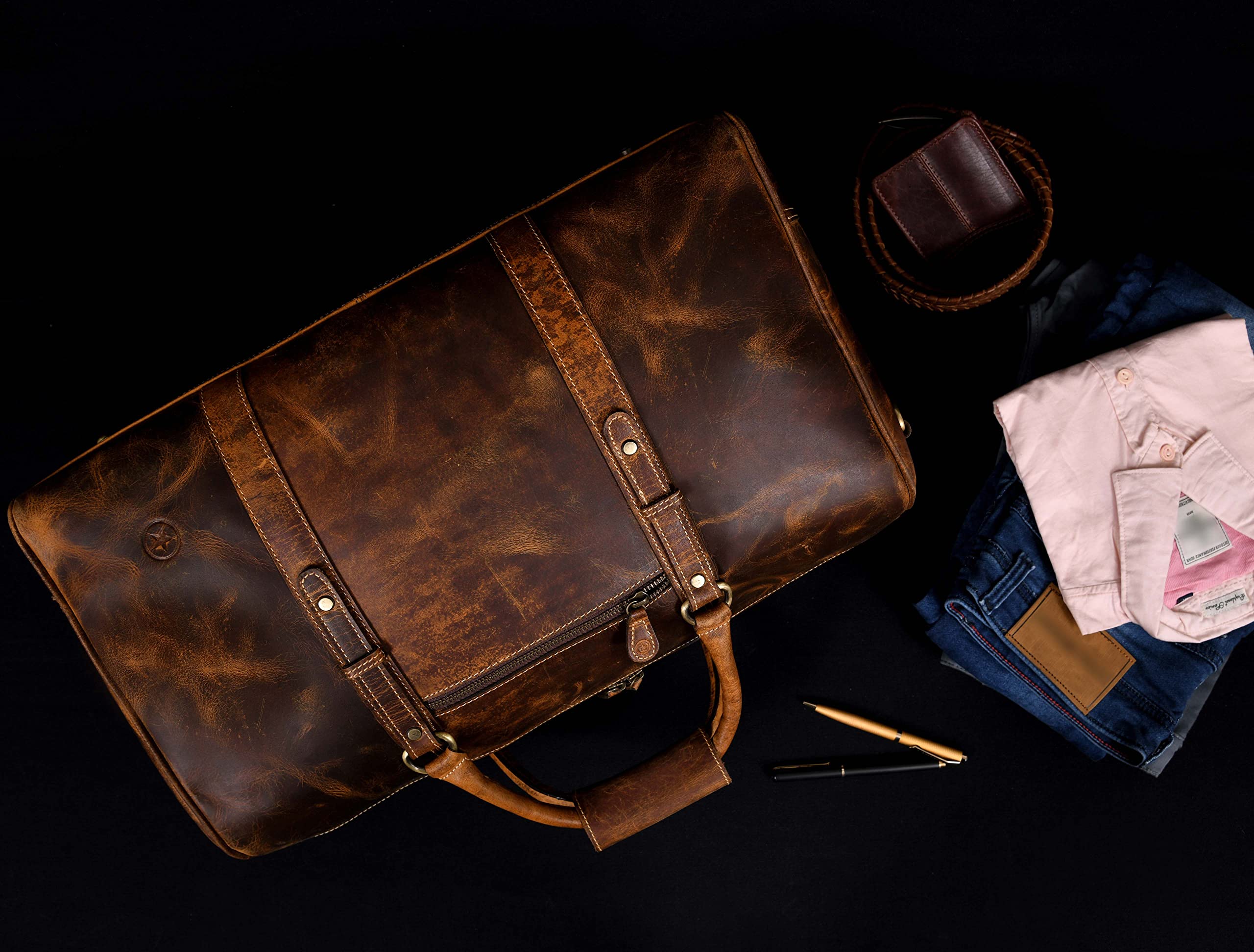 Premium Leather Travel Duffel Bag for Men - Waterproof Gym & Sports Weekender Bag - Airplane Carry-On Luggage with Shoulder Strap - Perfect Father's Day Gift for Dad | Business Trips, Gym Workouts & Weekend Getaways