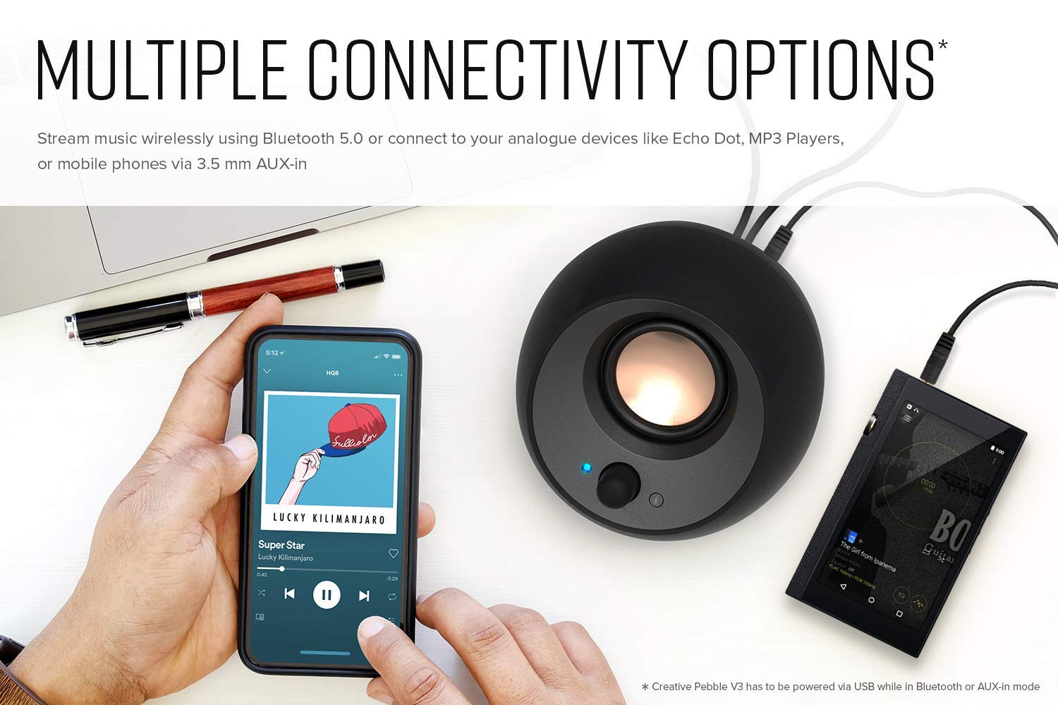 Creative Pebble V3 Minimalistic 2.0 USB-C Desktop Speakers with Bluetooth 5.0, 8W RMS & 16W Peak Power, USB-A Converter Included (Black, Renewed) - Perfect for Home Office, Gaming & Music