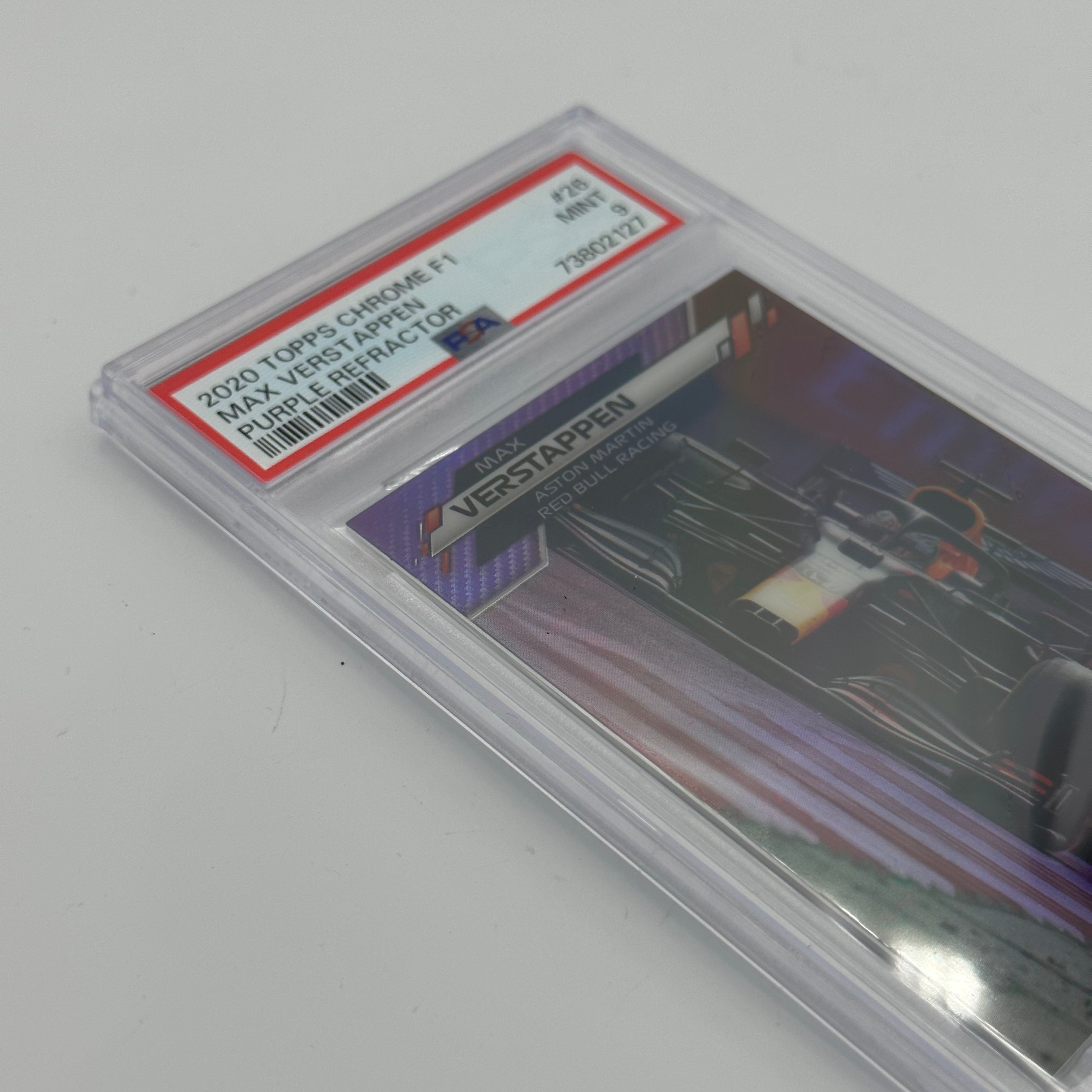 PSA 9 196/399 MAX VERSTAPPEN #26 Purple Refractor Rookie Card - 2021 Topps Chrome F1 Racing Collectible for Display & Investment