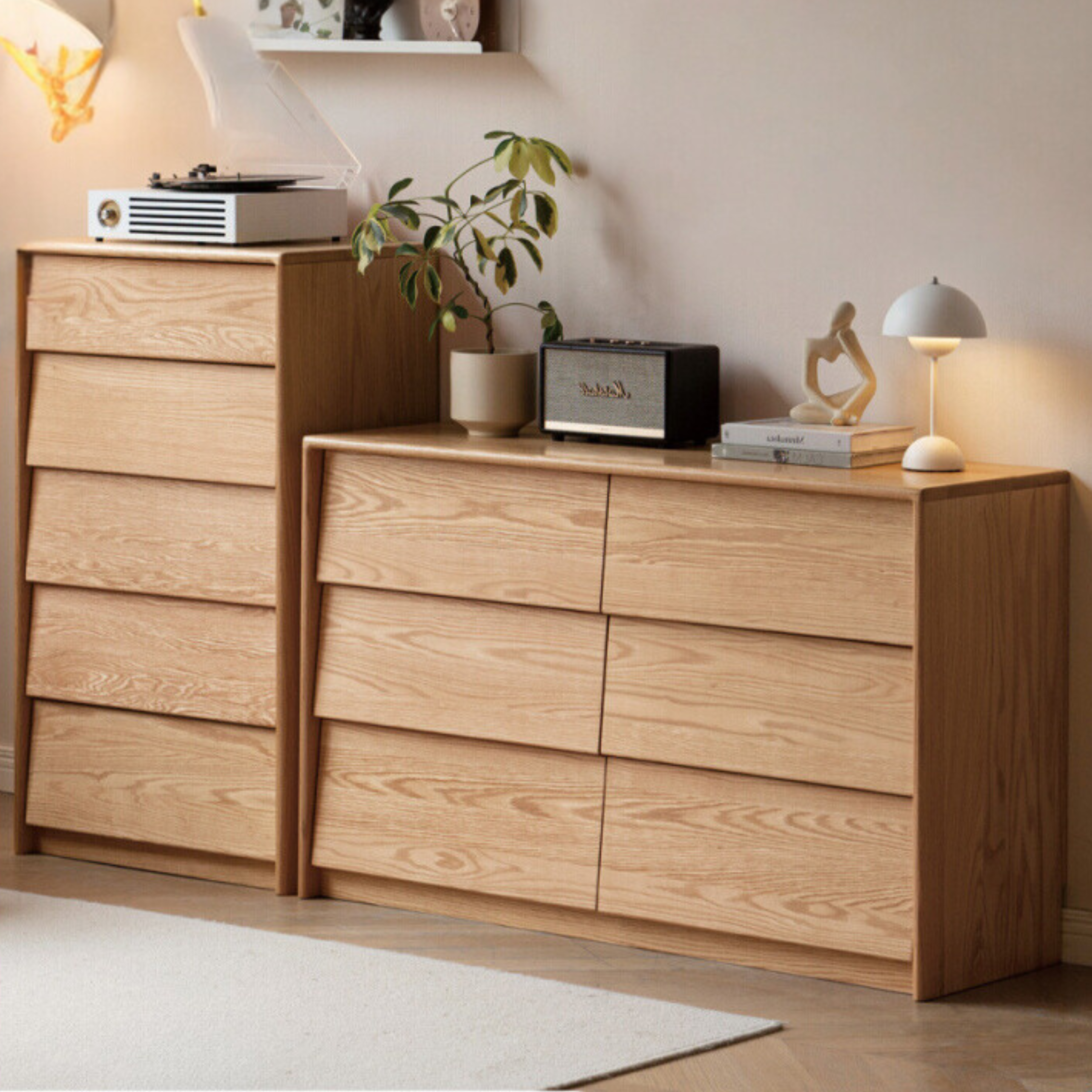 Solid Oak Wood Slanted Surface Chest of Drawers - Vintage Style Dresser for Bedroom, Living Room & Office Storage
