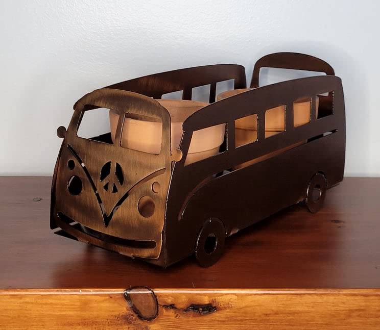 Vintage Retro Hippie Style VW Bus Planter with 2 Terra Cotta Pots - Fox Feathers Designs Copper Flower Pot for Home, Office & Garden Decor | Perfect for Succulents, Herbs & Small Plants