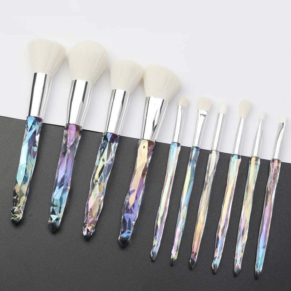 Premium Crystal Handle Makeup Brush Set - Kabuki Powder, Foundation, Concealer, Eyeshadow, Eyeliner & Eyebrow Brushes with Transparent White Handle for Professional Makeup Application & Travel Beauty Kit
