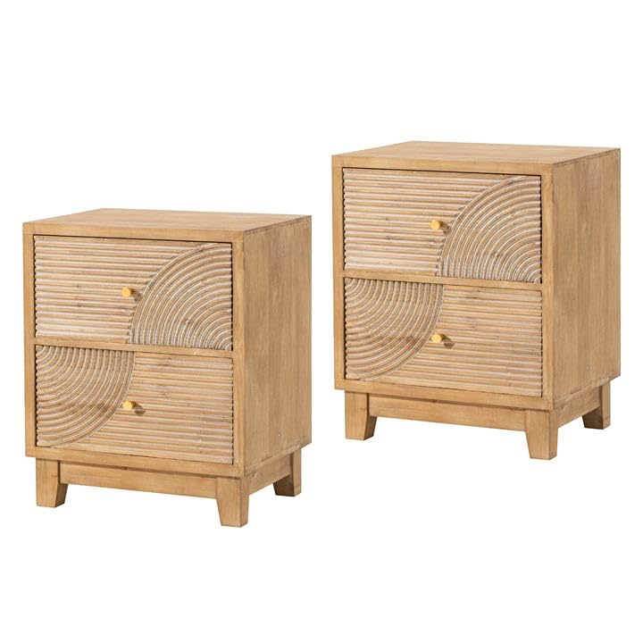 2-Drawer Farmhouse Nightstand Set of 2 - Fully Assembled Mid Century Modern Nightstands with Handcrafted Wood Ring Pattern - Boho, Rustic & Vintage Style Bedroom Furniture - Perfect for Master Bedroom, Guest Room or Nursery Decor
