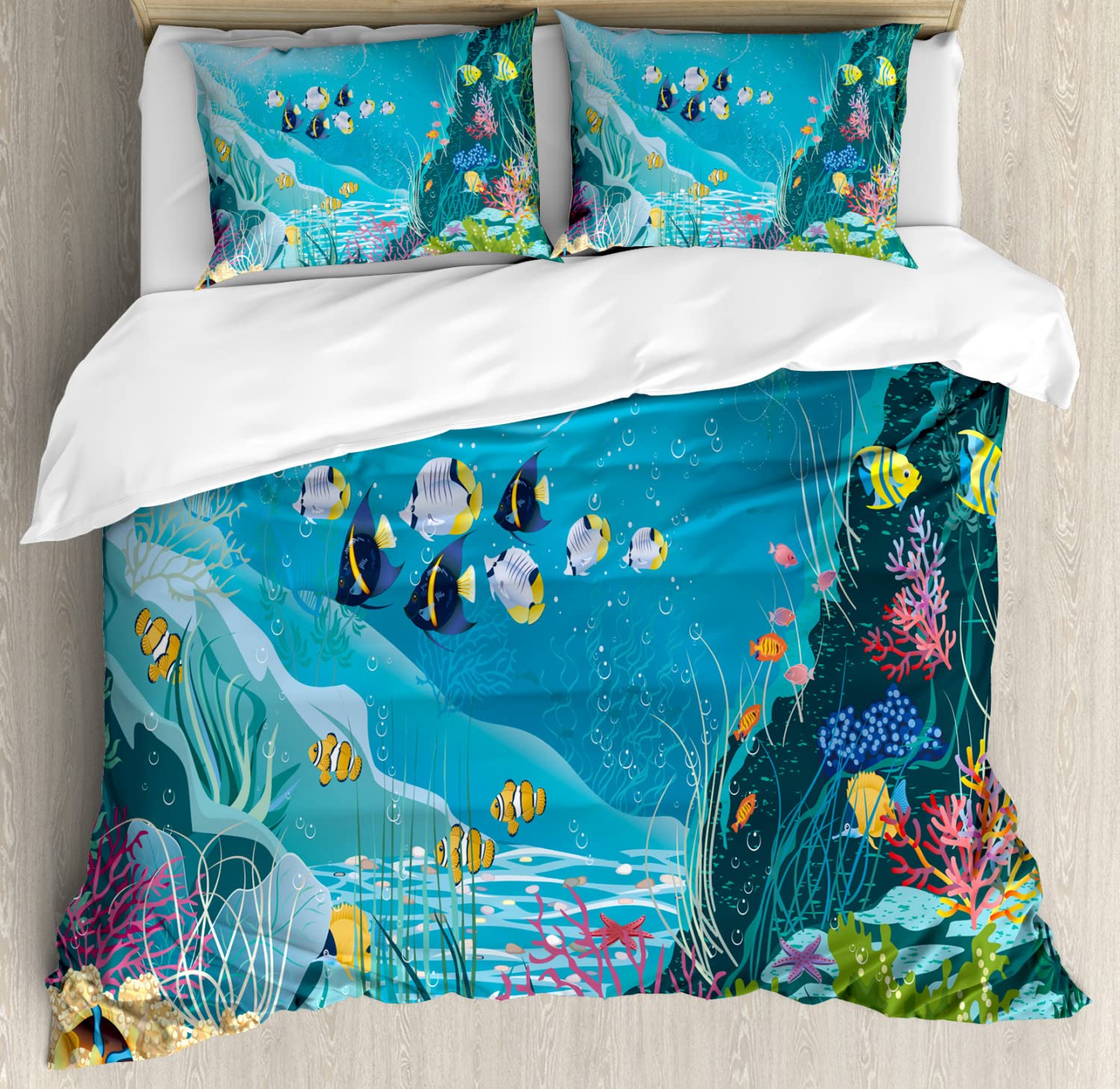 Ambesonne Queen Size Duvet Cover Set - 2 Pack Underwater Tropical Fish & Coral Reef Design, Includes 2 Duvet Covers & 4 Pillowcases, Vibrant Multicolor Ocean Theme Bedding for Coastal & Nautical Decor