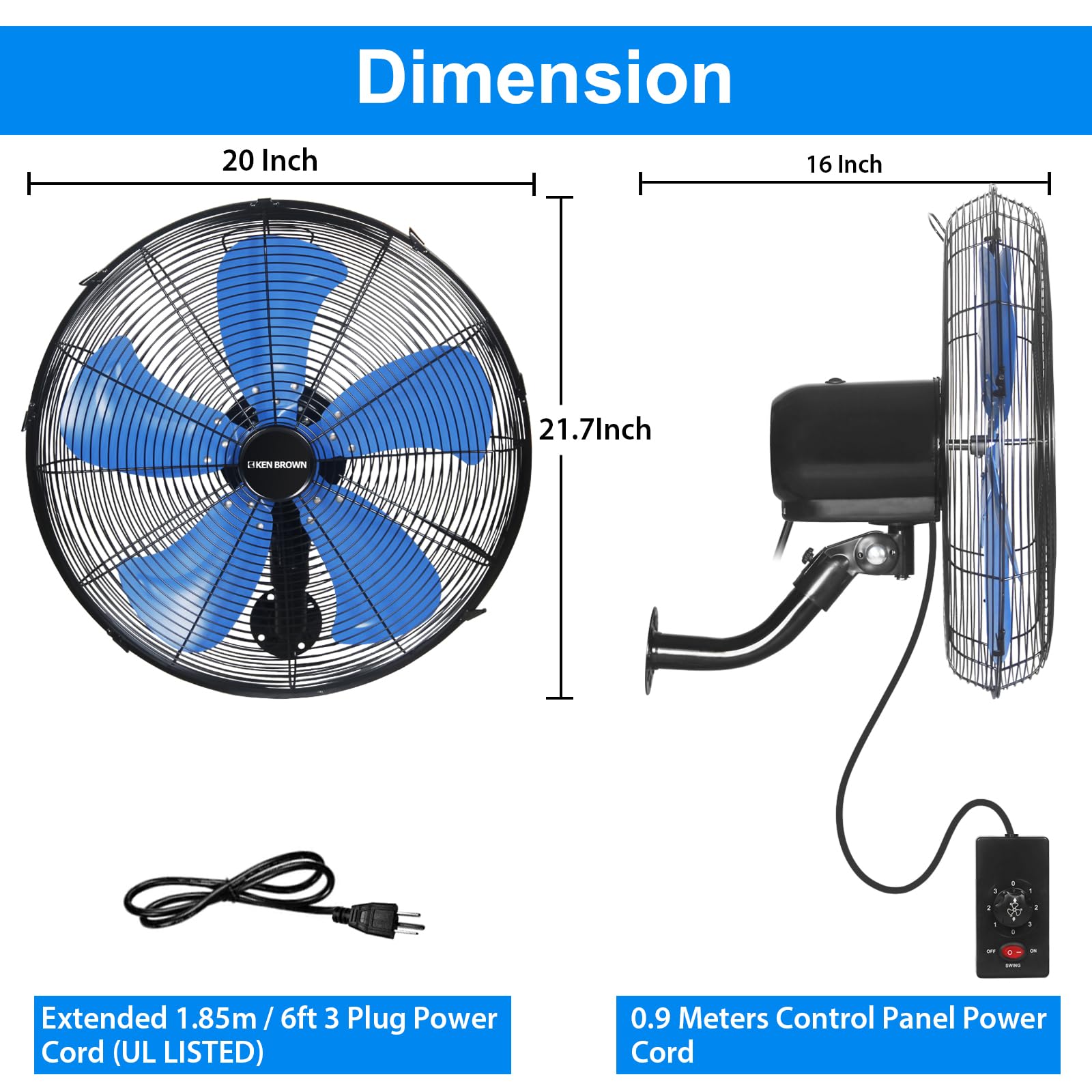 KEN BROWN 18 Inch 3-Speed High Velocity Industrial Oscillating Fan - Wall Mount Fan with 4200 CFM, Separate Switch & 5 Blades - Heavy Duty Metal for Home, Patio, Workshop & Garage - Blue - Perfect for Cooling Large Spaces, Outdoor Areas & Work Environments