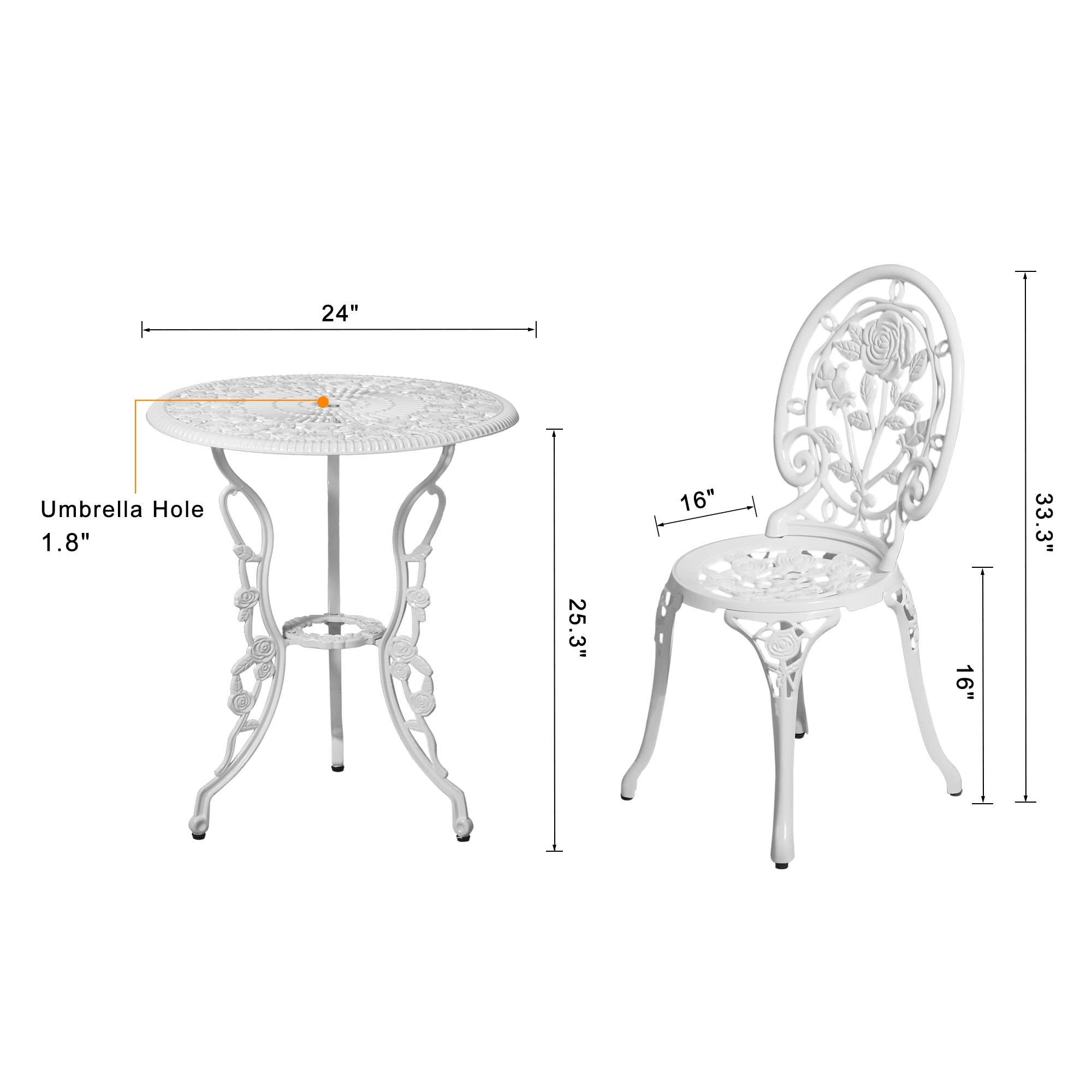 Homefun 3-Piece Outdoor Bistro Set - Rose White Cast Aluminum Patio Table & 2 Chairs for Garden, Balcony - All-Weather Rust-Resistant Dining Furniture (Perfect for Morning Coffee, Small Space Entertaining & Apartment Decor)