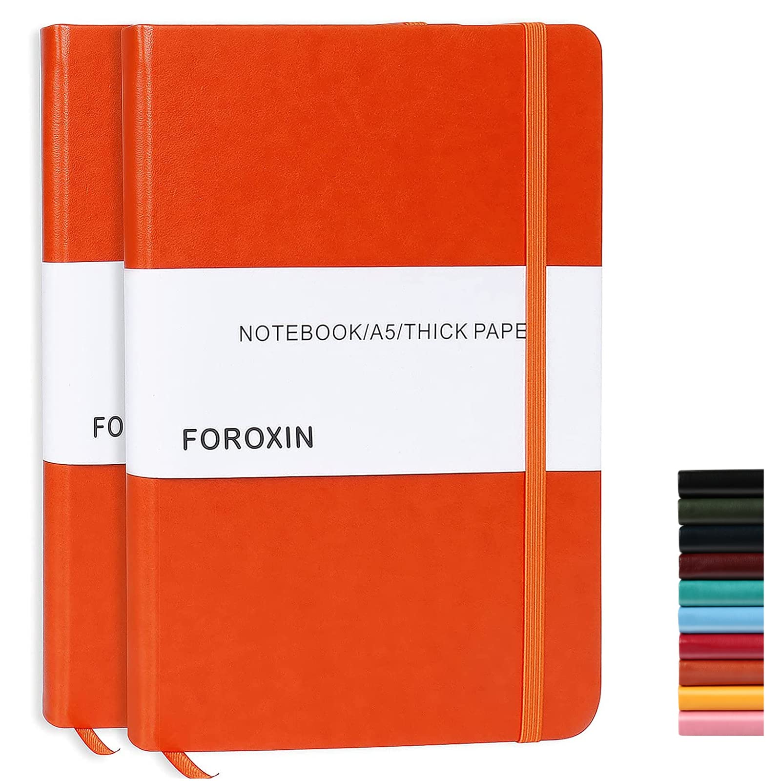 Premium Leather Lined Journal Notebook Set - 2 Pack Orange Hardcover Writing Notebooks with Elastic Band & Ribbon Bookmark, 8.3
