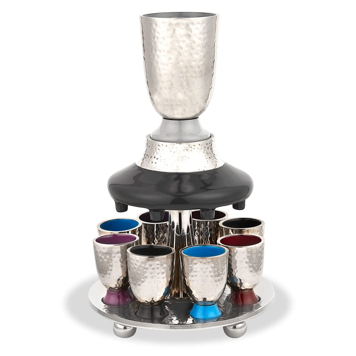Elegant Hammered Metal Kiddush Cup Wine Fountain Set with Enamel Detailing - Large Goblet & 8 Shot Cups for Jewish Holidays - Perfect for Shabbat, Passover, Seder, Yom Tov & Wedding Gifts by Zion Judaica (Multi Color) - Ideal for Jewish Ceremonies, Holiday Celebrations & Special Occasions