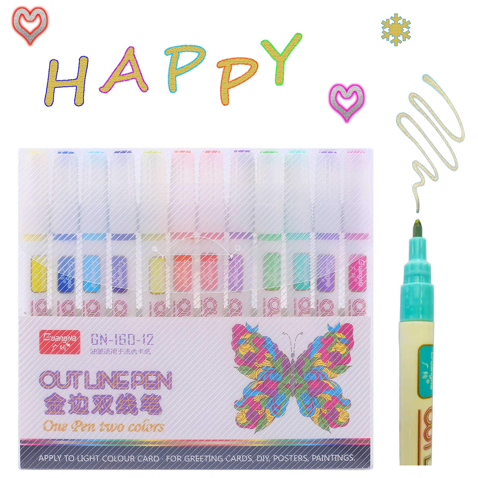 Super Squiggles Double Line Outline Markers - 12 Vibrant Colors for Gift Cards, Painting, Posters, Scrapbooking, Metal, Wood & Glass Crafts - Perfect for DIY Projects, Photo Albums & Creative Artwork