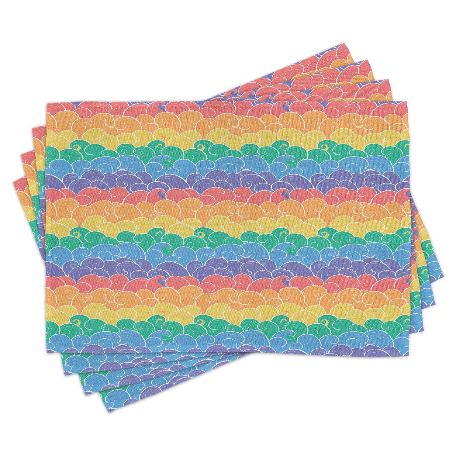 Ambesonne Nautical Place Mats Set of 4 - Colorful Waves Cartoon Style Sea Pattern in Rainbow Colors | Washable Fabric Dining Table Mats for Home, Kitchen & Restaurant Use | Standard Size Multicolor Placemats for Everyday Meals & Special Occasions