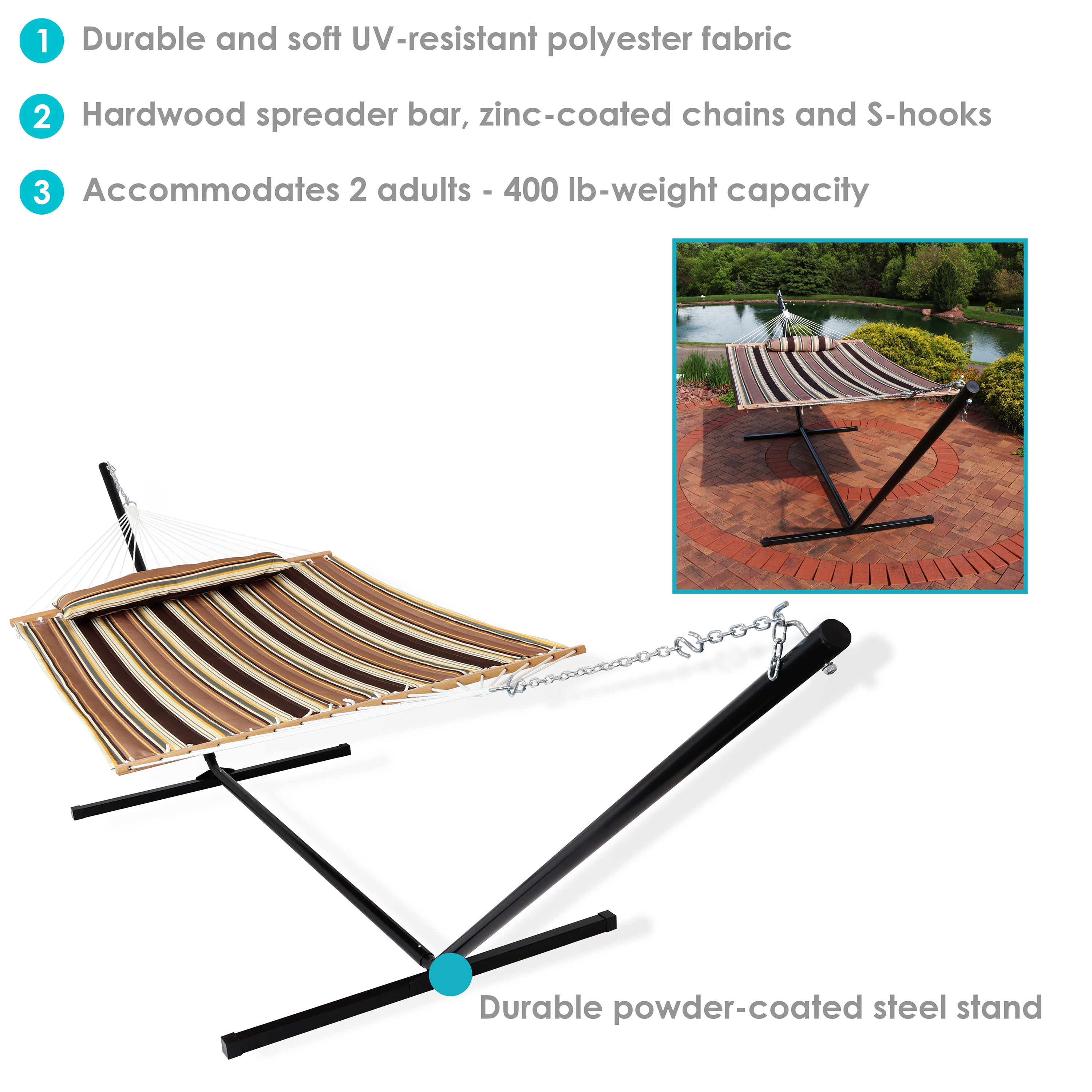 Sunnydaze 2-Person Freestanding Quilted Fabric Hammock with Stand - Portable Outdoor Hanging Bed for Backyard, Patio, Beach & Camping