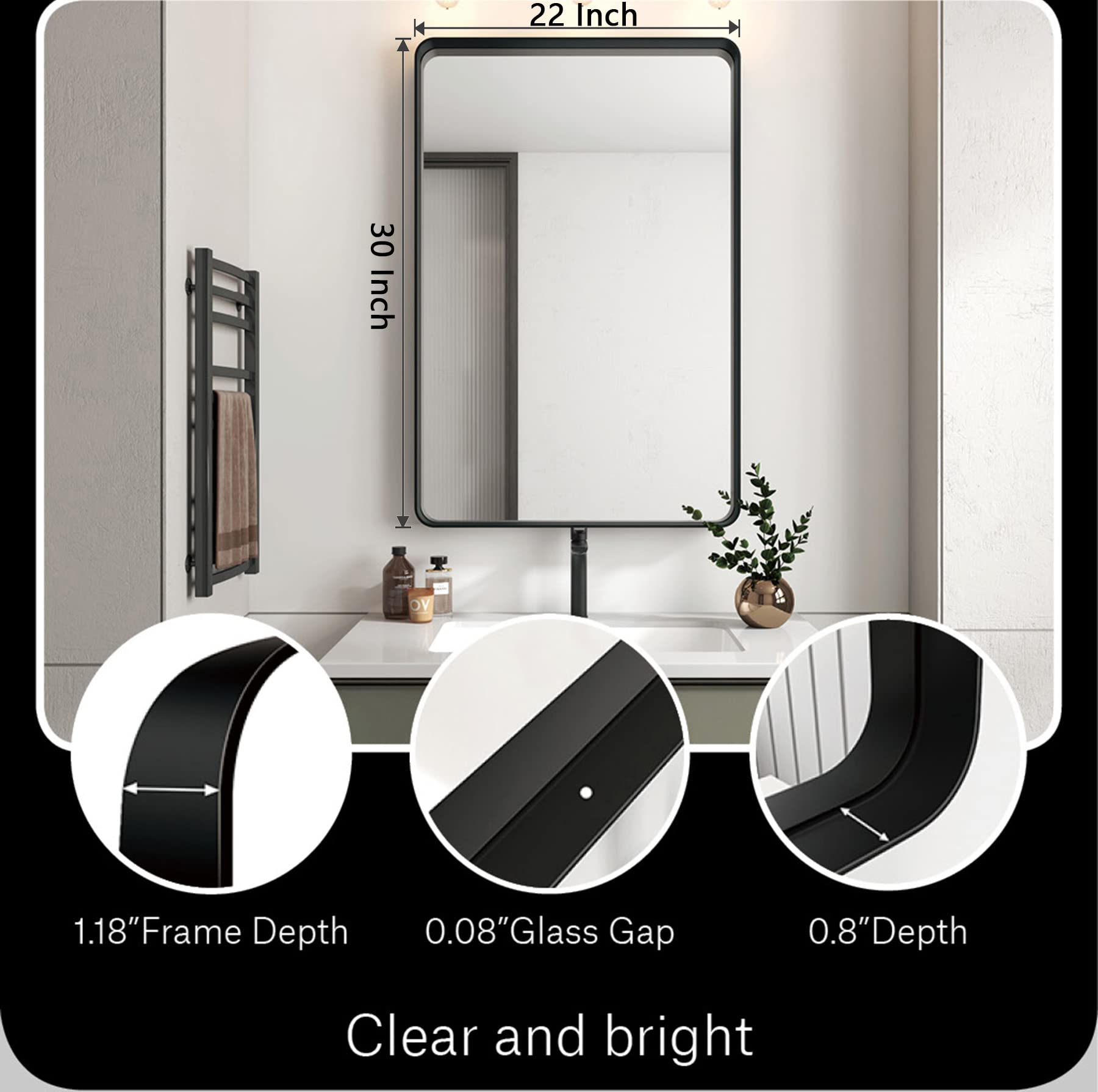 Modern Black Frame Bathroom Mirror for Wall - 30 x 22 Inch Rectangle Round Vanity Mirror with Matte Finish, Farmhouse Style - Perfect for Bathroom, Bedroom, and Entryway Décor