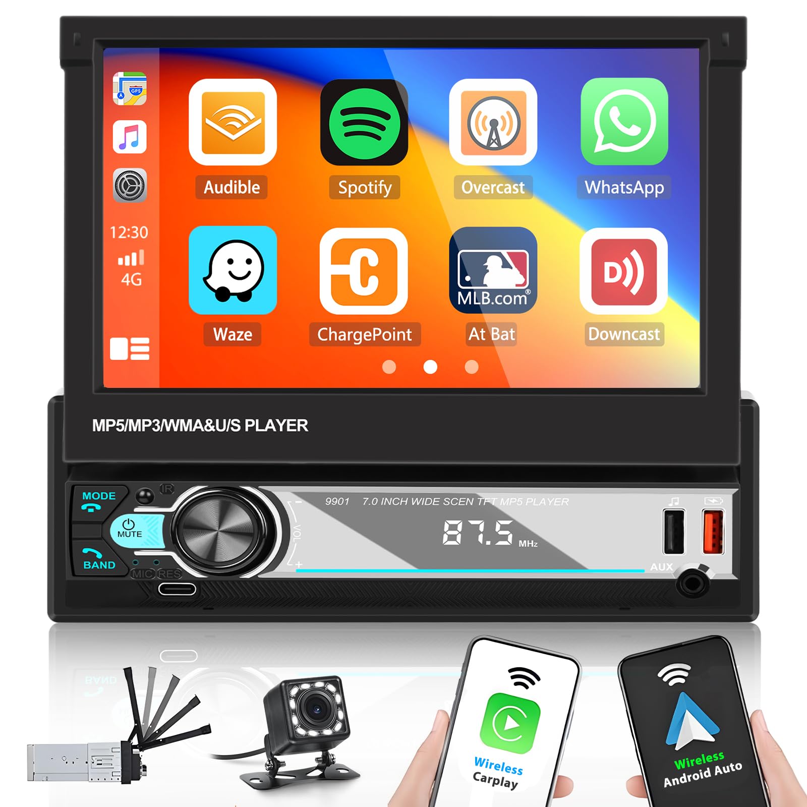 Hikity 7 Inch Wireless CarPlay & Android Auto 1 DIN Car Stereo with Retractable Touch Screen, Bluetooth Radio, EQ FM AM, AUX TF, Rear Camera - Perfect for Commuting, Road Trips & Hands-Free Driving