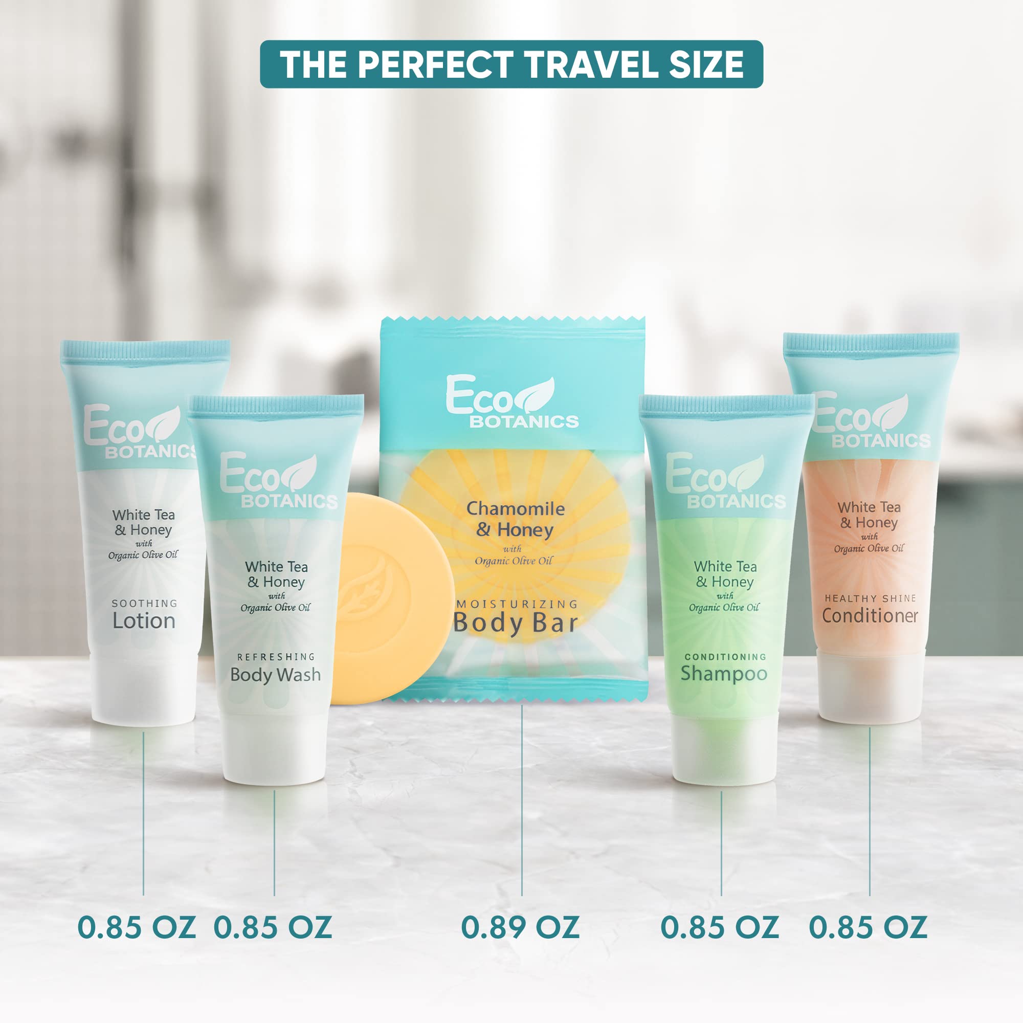 Eco Botanics | 75-Piece Travel-Sized Hotel Shampoo, Conditioner, Body Wash & Lotion Set with 100 Cleansing Bars - Perfect for Hotels, Gyms, Spas & Travel Toiletries