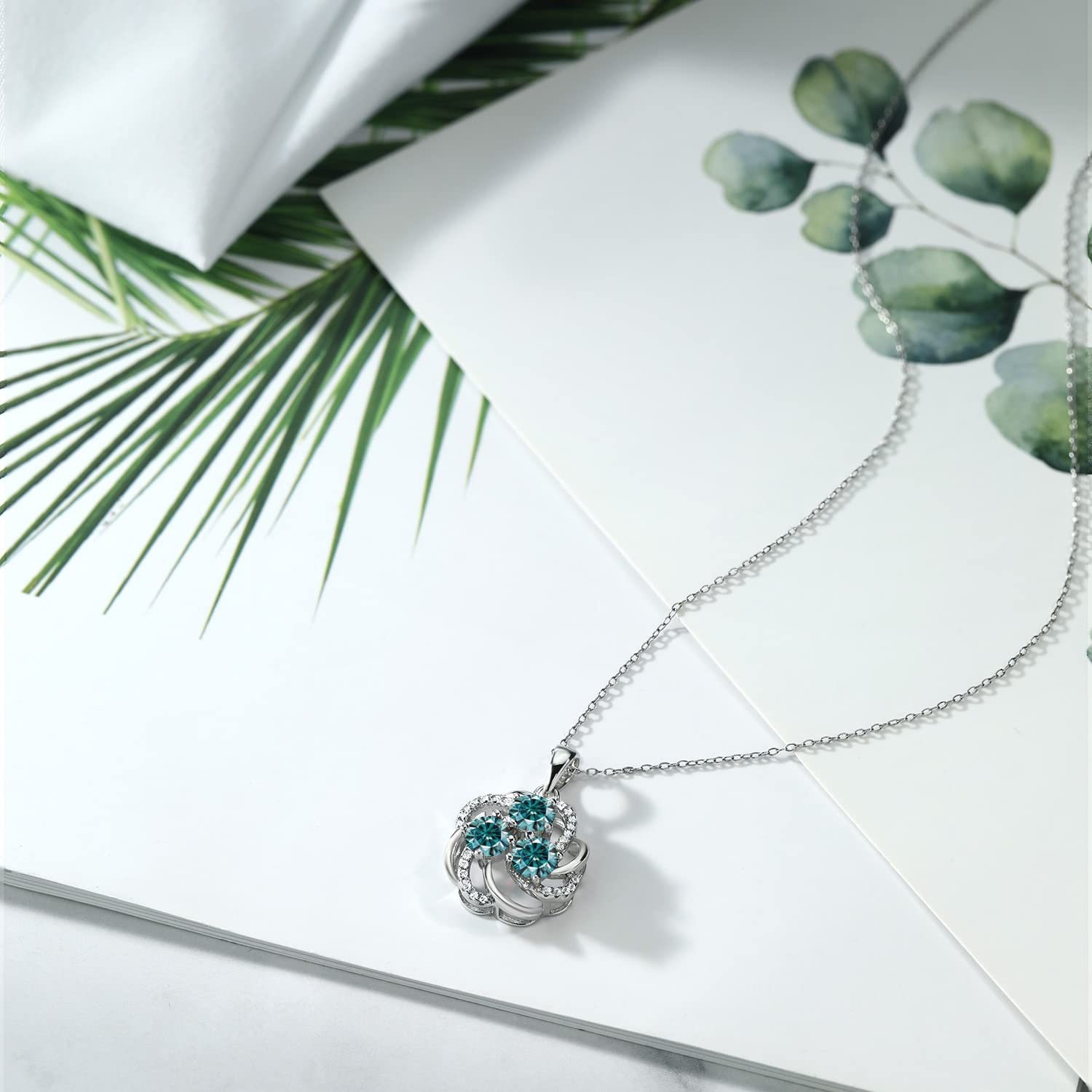 925 Sterling Silver Gemstone Birthstone Pendant Necklace for Women - Triple Round 5MM Birthstones with 1MM Accent Stones | Floral Swirl Halo Design | 18 Inch Chain | Elegant Jewelry Gift for Mom, Wife, Girlfriend | Perfect for Birthday, Anniversary, Mother's Day & Special Occasions