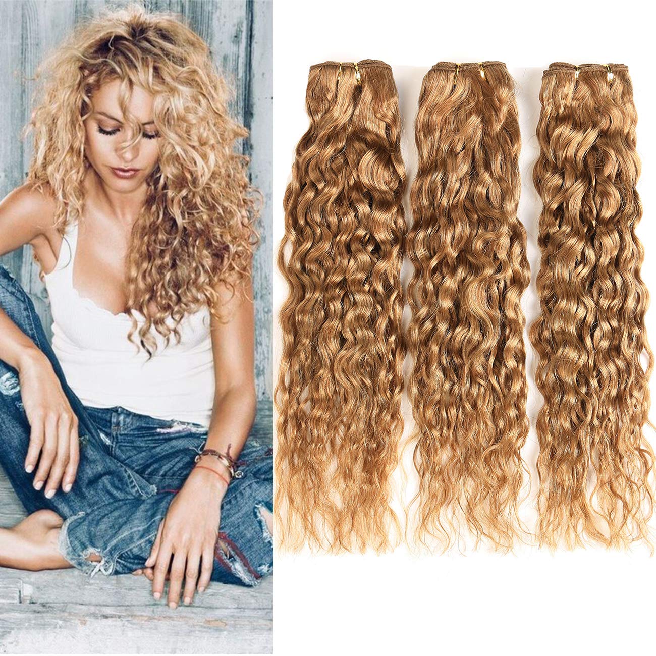 XCCOCO Honey Blonde Water Wave Human Hair Bundles (10 12 14 Inch) - 27# Colored Blonde Wet & Wavy 9A Peruvian Curly Hair Weave (300g/Lot) for Stunning Beach Waves & Everyday Glamorous Hairstyles