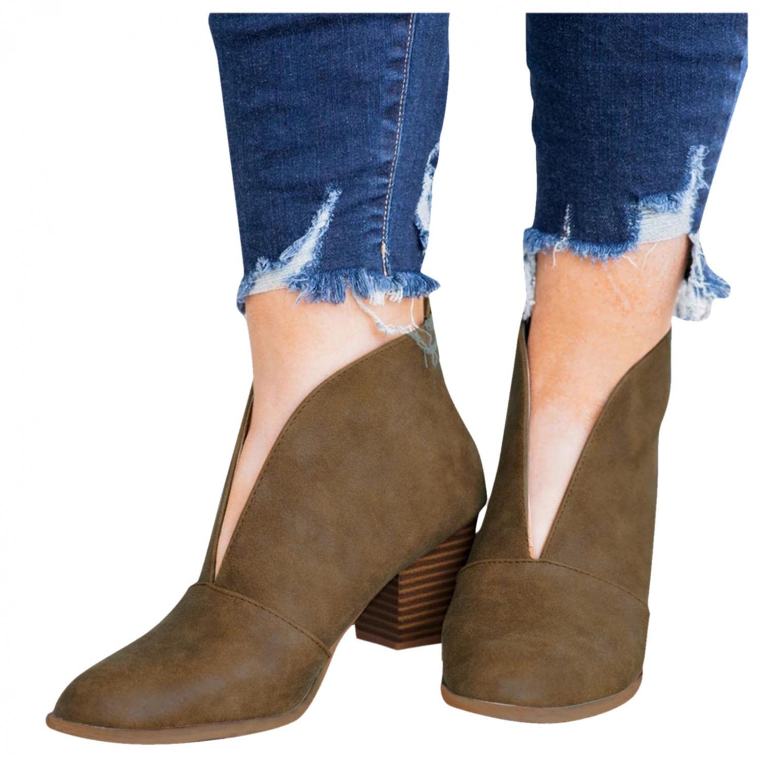 Gibobby Women's V-Cut Chelsea Ankle Booties - Slip On Chunky Heel Pointed Toe Boots with Cutout Design | Casual Fall & Winter Fashion Shoes for Work, Dating & Daily Wear