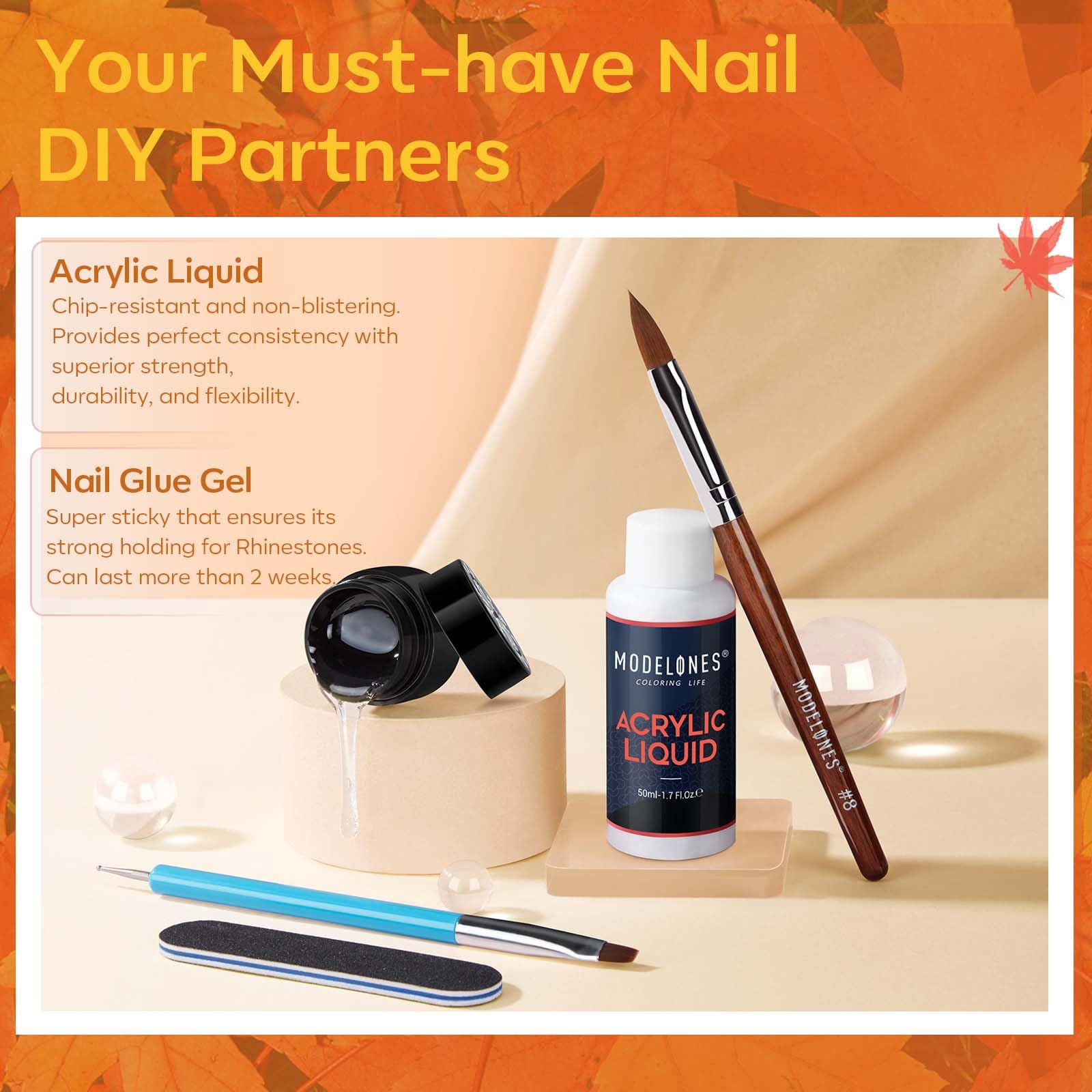 Modelones Acrylic Nail Kit - Halloween & Fall Collection with Acrylic Powder, Monomer Liquid, Rhinestone Glue, Nail Primer, Top Coat & Brush for DIY Nail Extensions - Perfect for Halloween Nails, Fall Manicures & Salon Quality Nail Art at Home