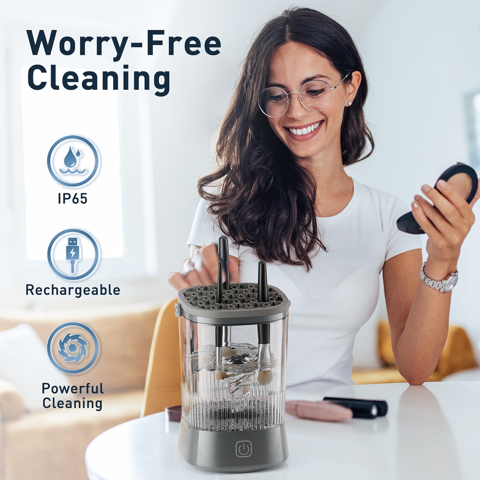 9000 RPM Electric Makeup Brush Cleaner Machine - IP65 Waterproof Automatic Makeup Brush & Sponge Cleaner (Gray) | Professional Cosmetic Tool Cleaning for Home & Salon Use