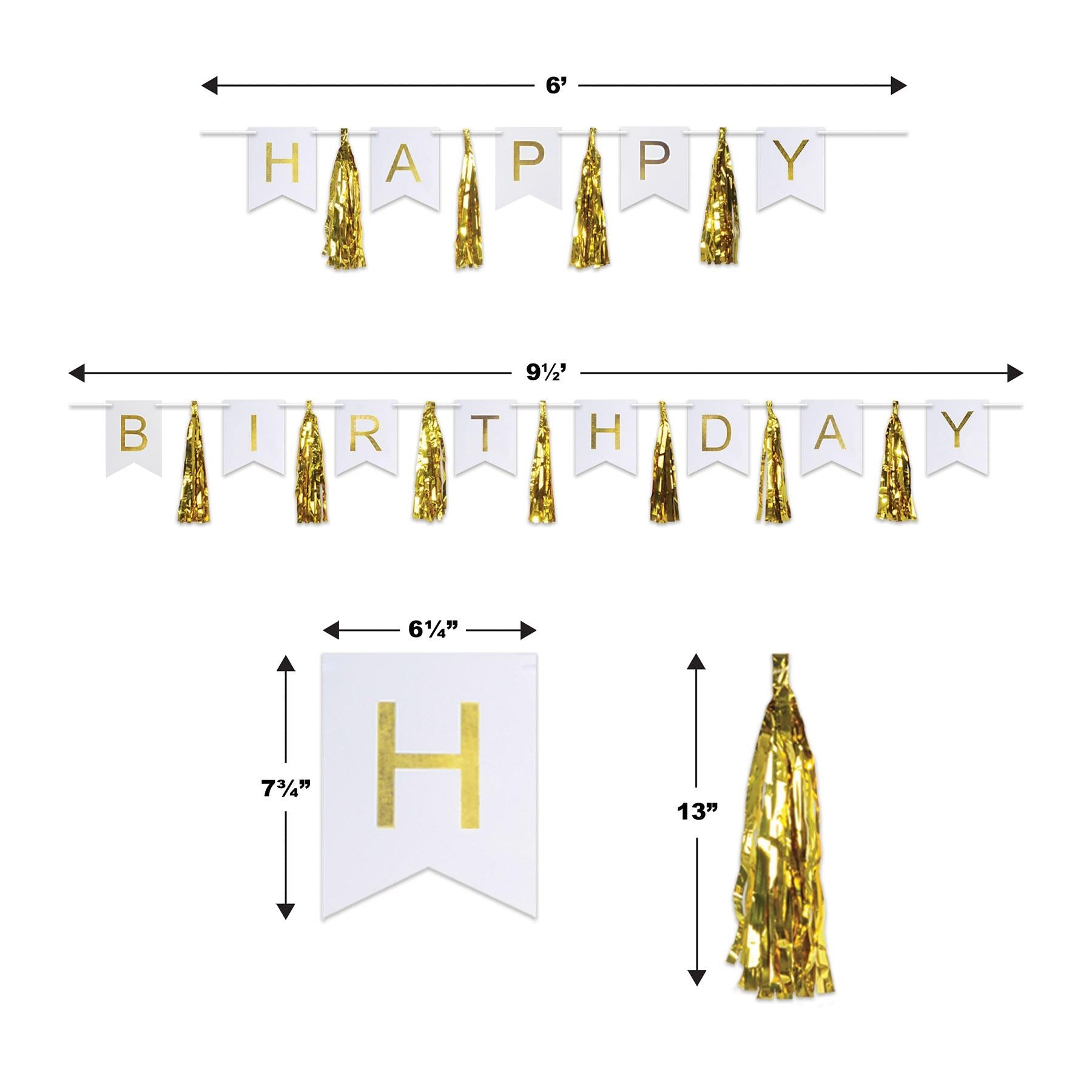 12 Pack Gold and White Happy Birthday Party Tassel Streamers - Decorative Party Supplies for Birthday Celebrations, Baby Showers & Special Events