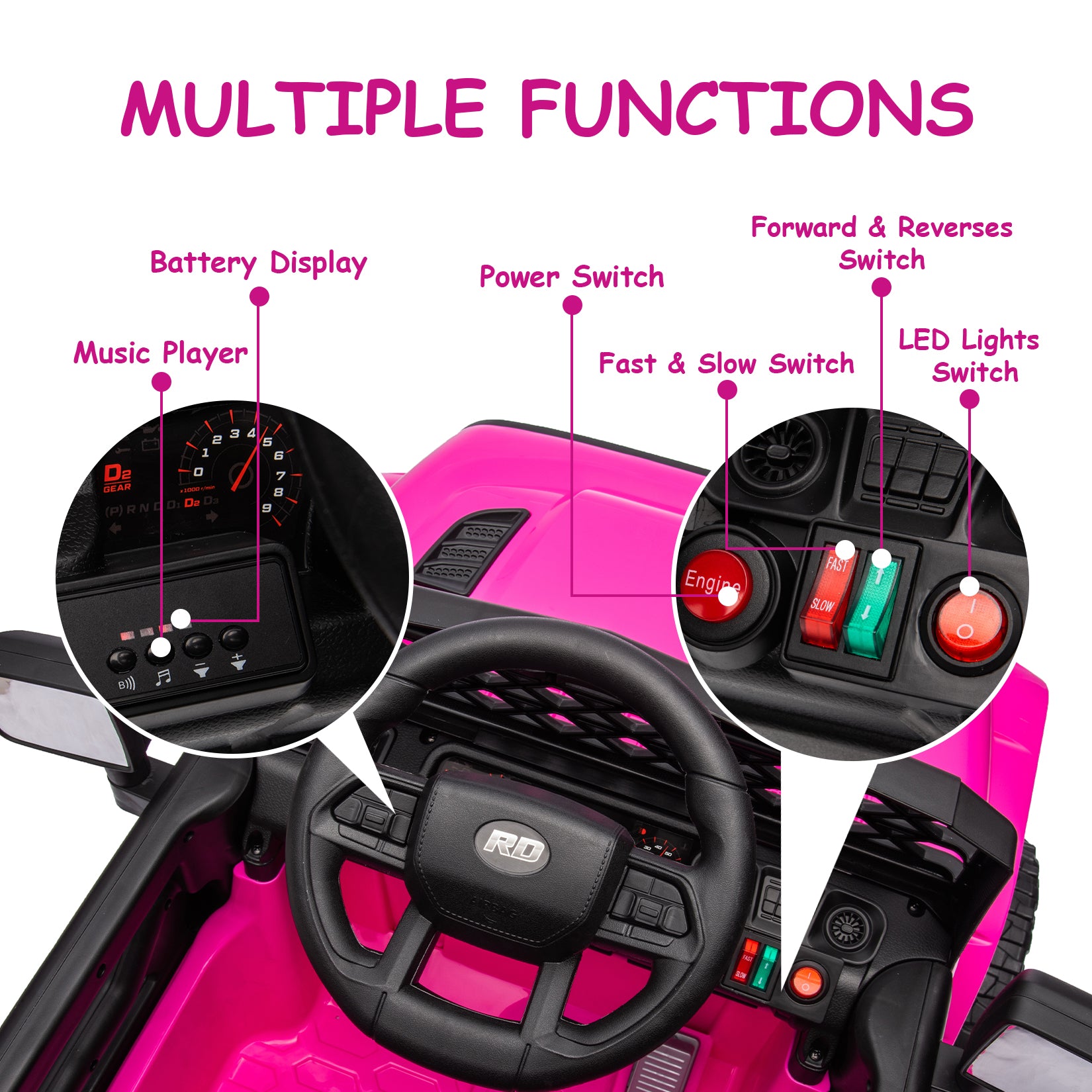 GARVEE 12V Kids Ride On Truck with Remote Control - Electric Toy Car for Toddlers Age 3+, Spring Suspension, LED Lights & Music | Battery-Powered Ride-On Vehicle (Rose Red) - Perfect for Indoor & Outdoor Play, Birthday Gifts & Family Fun