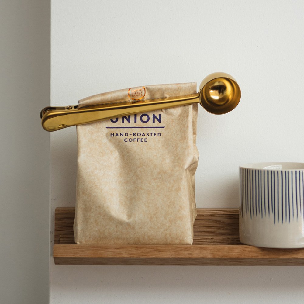 Premium Brass Coffee Scoop with Clip - Perfect for Measuring Coffee Grounds for Espresso, French Press, and Pour Over Brewing