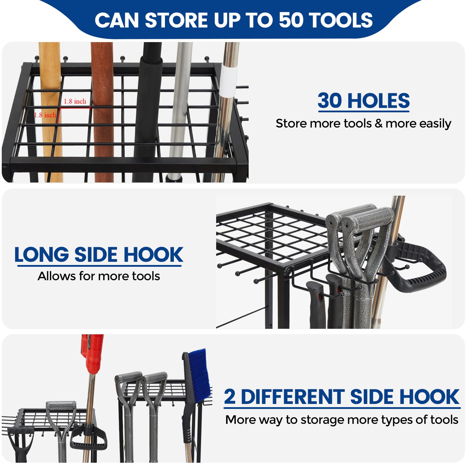 Heavy-Duty 2-Tier Steel Garden Tool Organizer - Holds 50+ Long-Handled Tools, Rakes, Brooms & Shovels - Black Garage & Shed Storage Solution for Outdoor Lawn Care - Easy Assembly - Perfect for Backyard, Workshop & Farm Organization