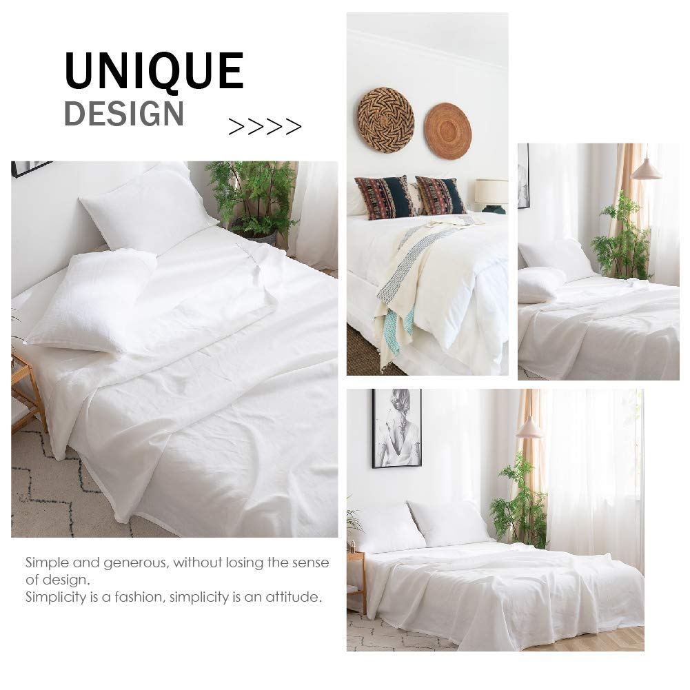 Luxury 100% Belgian Linen Sheet Set - Queen Size 4-Piece (Flat Sheet, Fitted Sheet, 2 Pillowcases) - Handmade Hemstitch White Flax Bedding - Breathable & Soft Farmhouse Style for Comfortable Sleep - Perfect for Master Bedroom, Guest Room & Airbnb