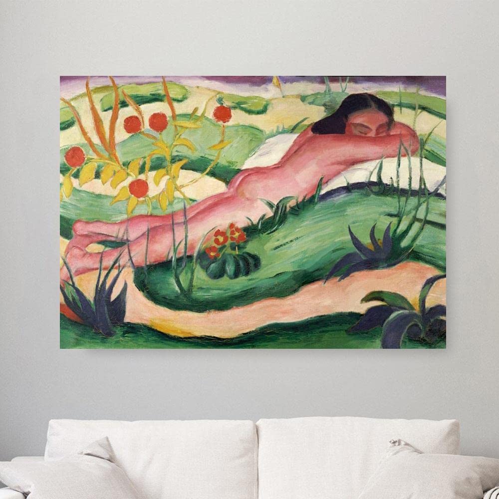 AMANUO Franz Marc Hand Painted Oil Painting Reproduction - Nude Lying in Flowers (1910) - 48x32 inch Rolled Canvas Wall Art - 120x80 cm - Home Decor, Office Decor, Living Room Art, Bedroom Painting