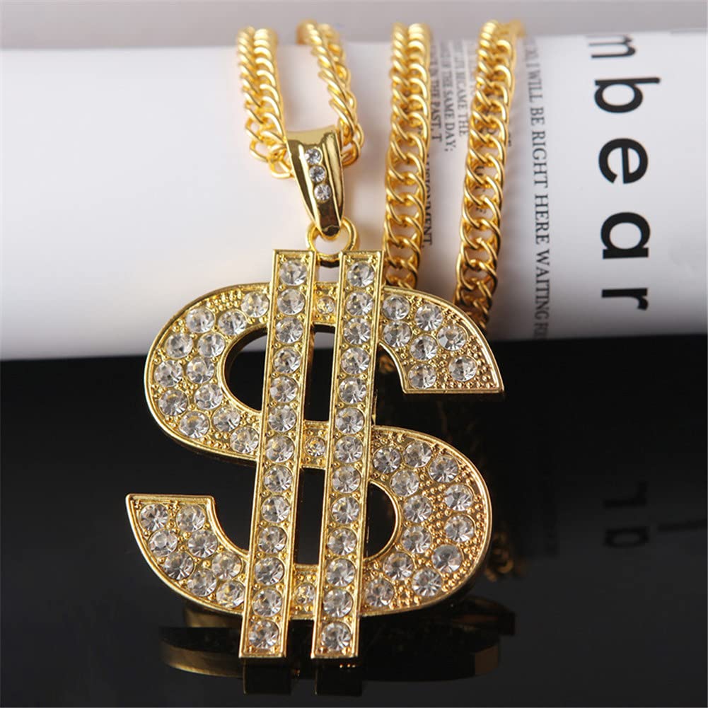 Hip Hop Gold Chain Dollar Money Pendant Necklace for Men & Women - Thick Rhinestone Bling Jewelry - Perfect for Streetwear, Parties & Rap Fashion