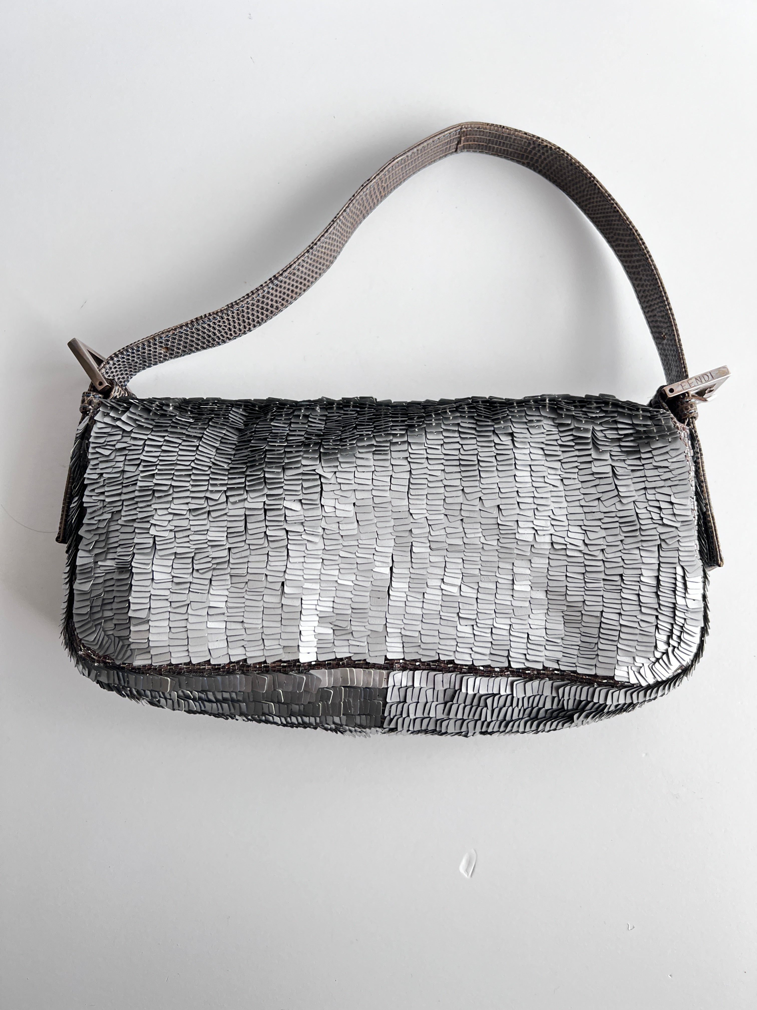 Fendi Silver Sequin with Orange Beaded Strip Baguette Bag - Elegant Evening Clutch for Parties, Weddings & Special Occasions