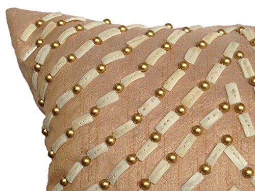 White Beige Beaded Pillow Cover 16x16 - Pearl Embroidery for Sofa Decor