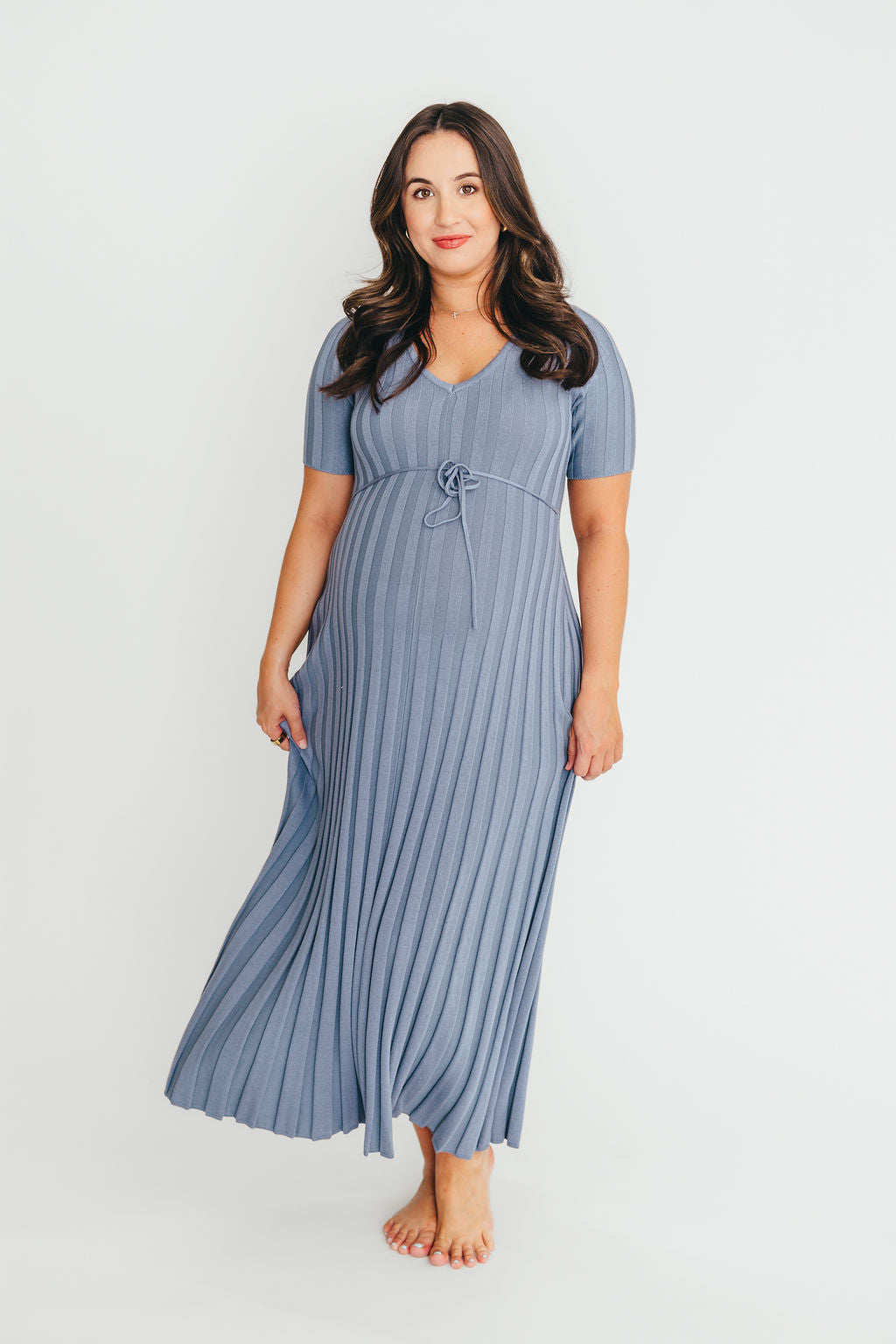 Oakley Ribbed Maxi Dress in Dusty Blue - Bump Friendly Maternity Dress for Pregnancy & Nursing | Perfect for Casual Outings, Baby Showers & Summer Events