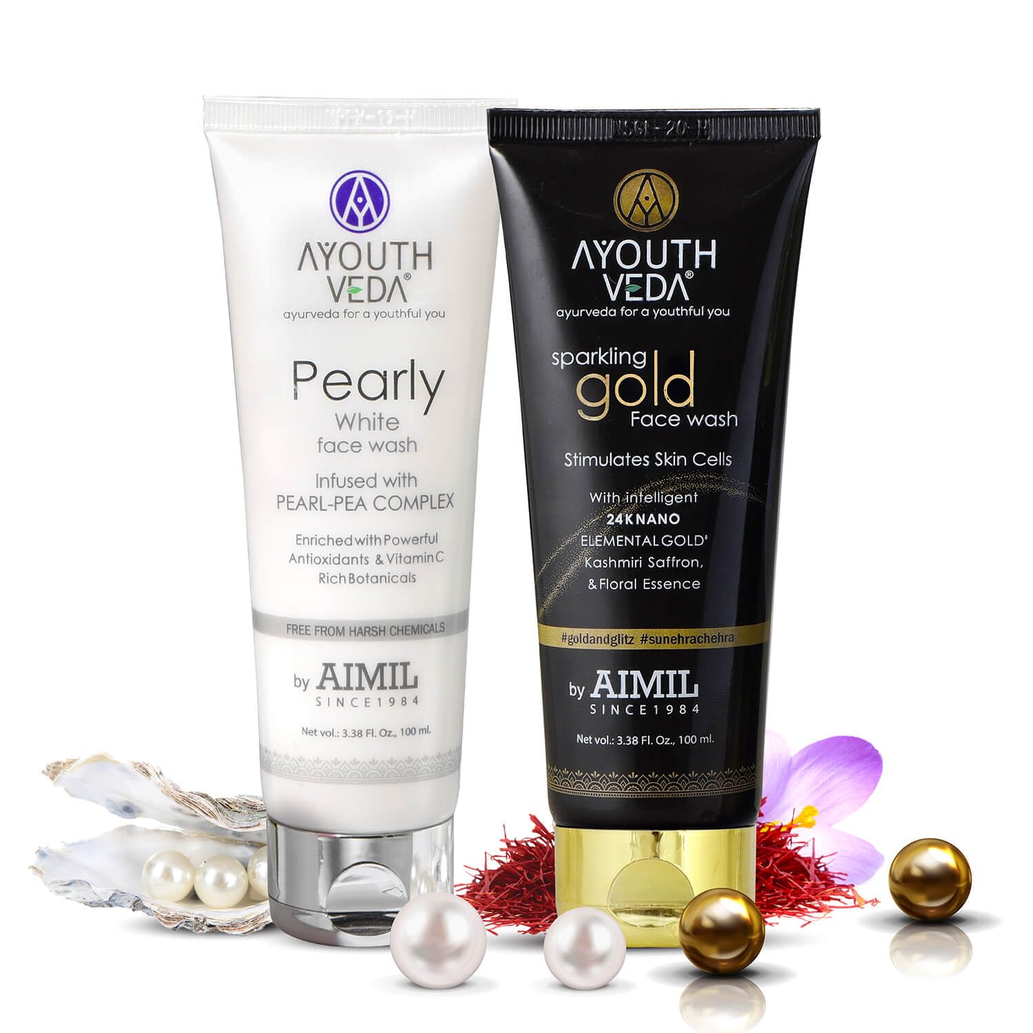 AYouthveda Luxury Face Wash Combo for Brightening Skin - Pearly & Gold Face Wash (100ml Each) | Glowing Complexion | Perfect for Daily Skincare & Special Occasions