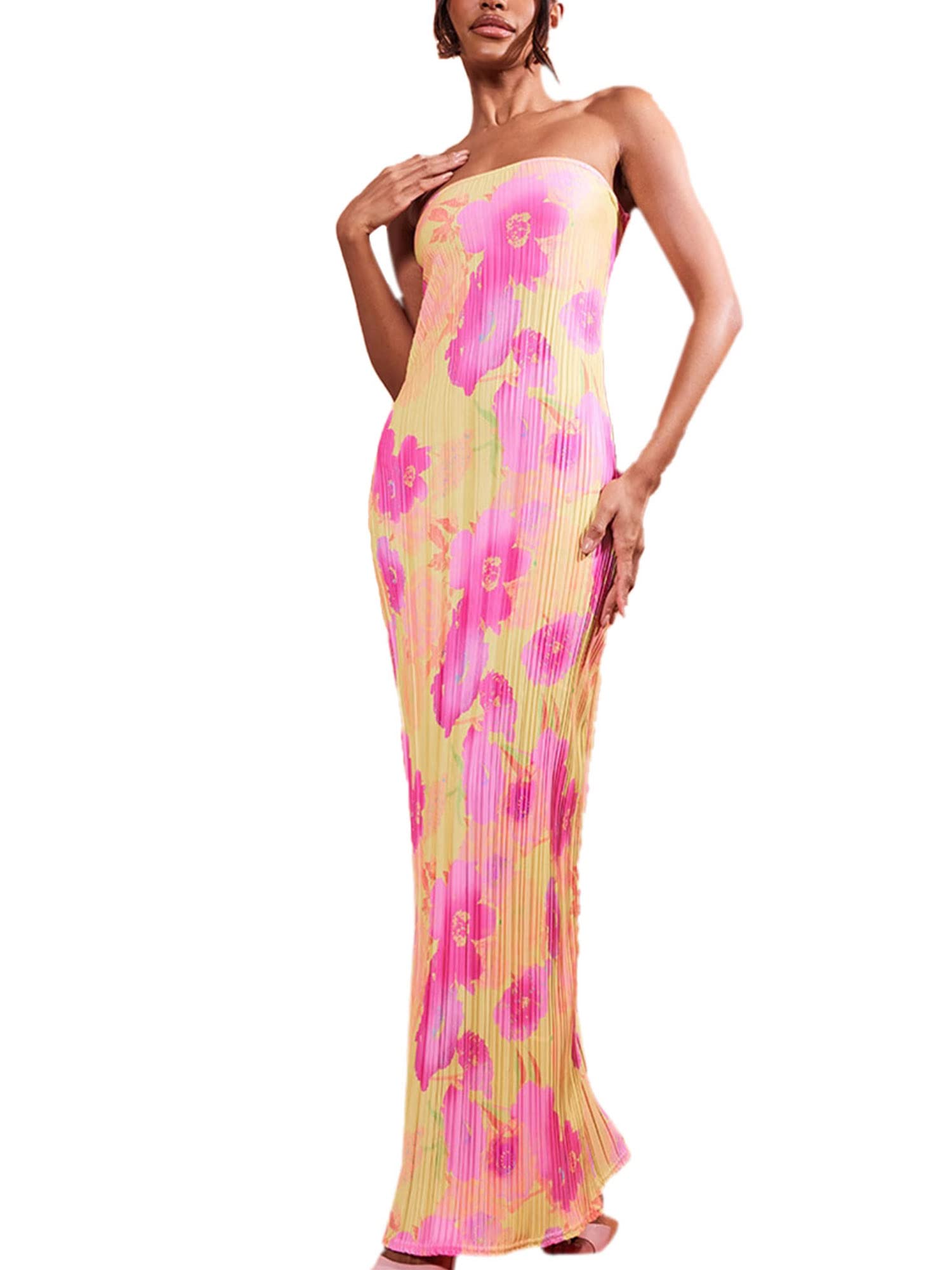 Chloefairy Women's Sexy Pleated Bandeau Maxi Tube Dress - Strapless Backless Slim Fit Floral Summer Bodycon Long Dress for Beach Party, Vacation & Night Out