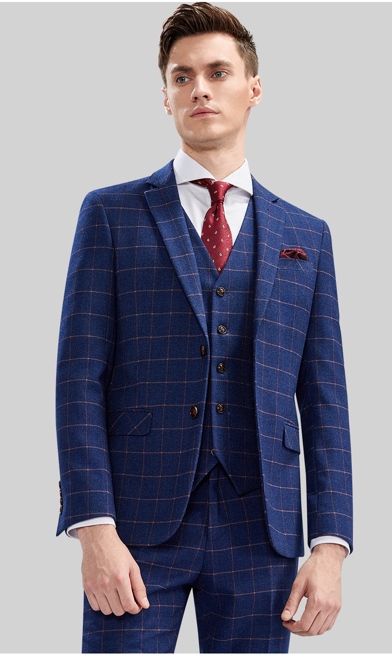 Blue Checkered Plaid 3-Piece Men's Business Suit | Formal Wedding Attire for Grooms & Professionals | Office, Ceremony & Special Occasions