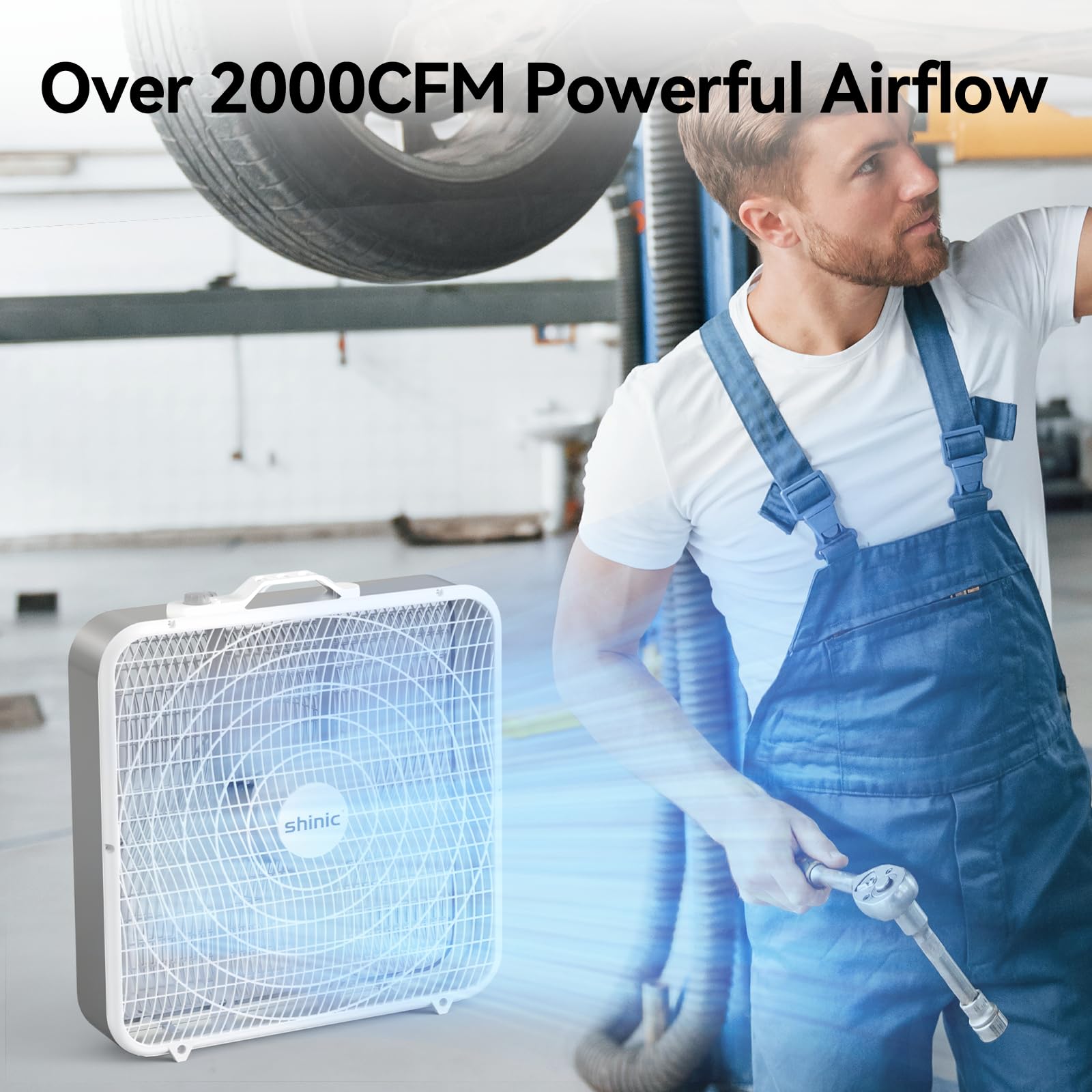 Shinic 20 Inch 3-Speed Box Fan with Safety Grills - Powerful Air Circulation Cooling Fan for Home, Garage & Workshop - Easy Carry Handle, White (2 Pack) - Perfect for Indoor Cooling, Ventilation & Airflow Improvement