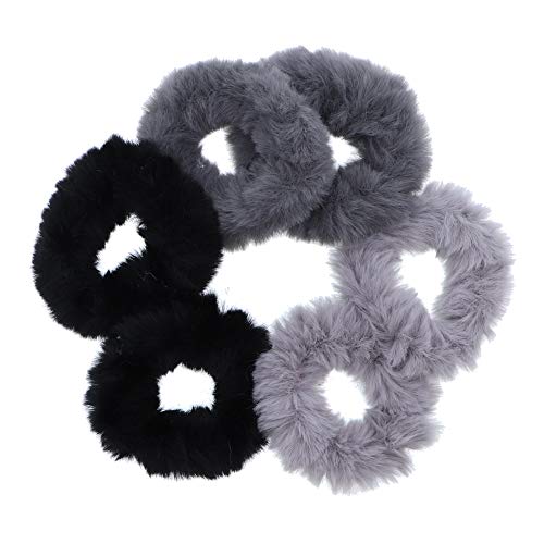 Soft Faux Fur Scrunchies Hair Ties - Set of 6 in Black & Grey Shades - Perfect for Everyday Wear, Workouts, and Stylish Accessories