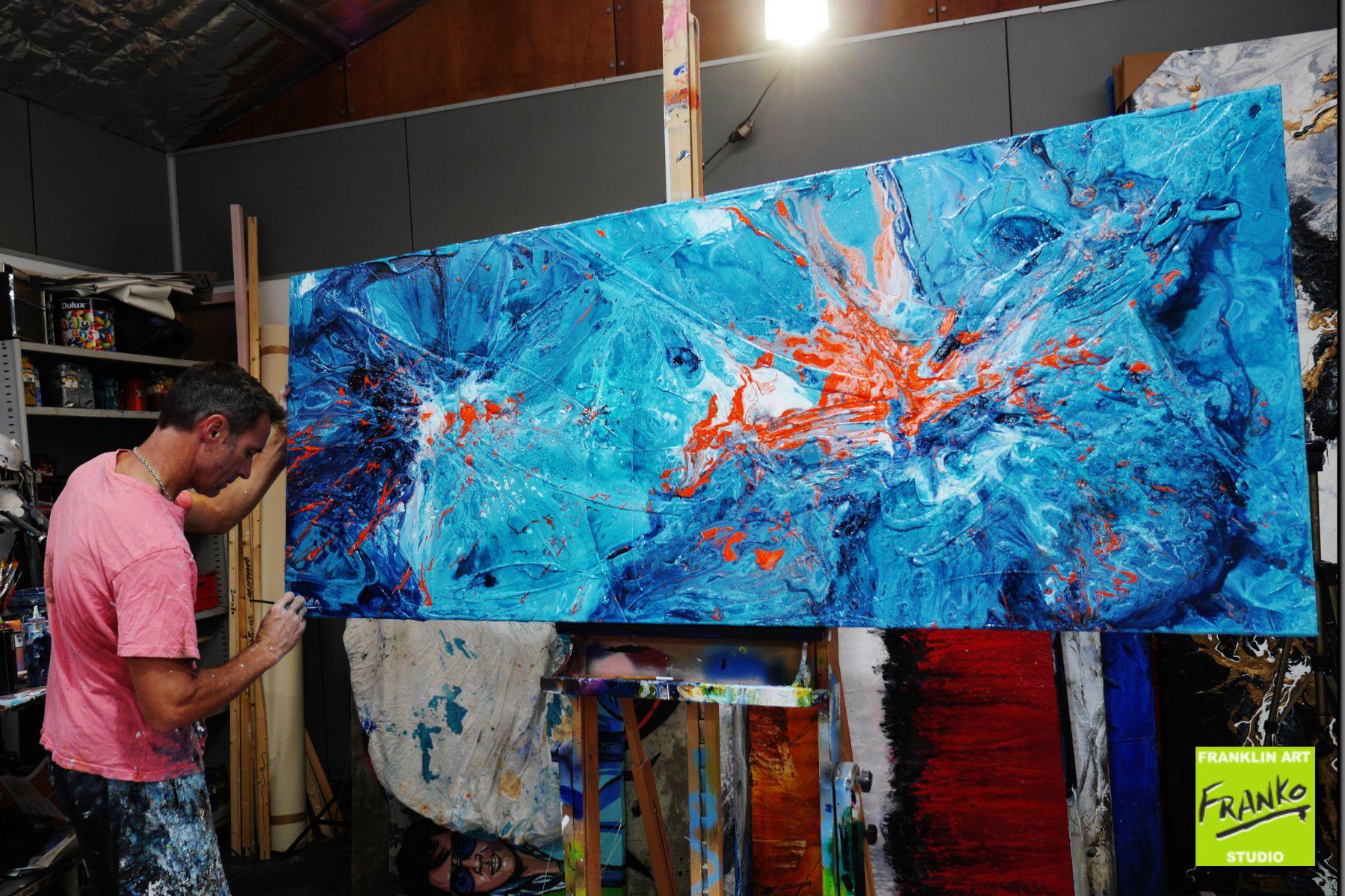 Blue and Orange Abstract Textured Painting - 200cm x 80cm Large Wall Art for Living Room, Bedroom Decor | Jelly Candy Inspired Modern Canvas Artwork