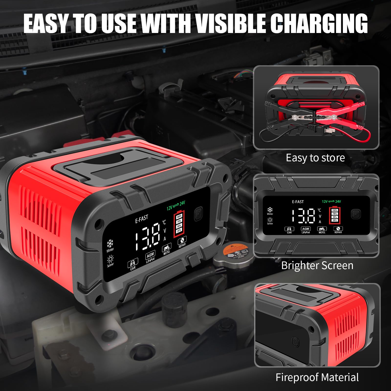 E-FAST 10A Smart Battery Charger for 12V 24V LiFePO4 & Lead Acid - Portable Car Battery Charger with LCD Display, Auto Temperature Compensation - Ideal for Automotive, RV, Boat, Motorcycle & Power Equipment Maintenance