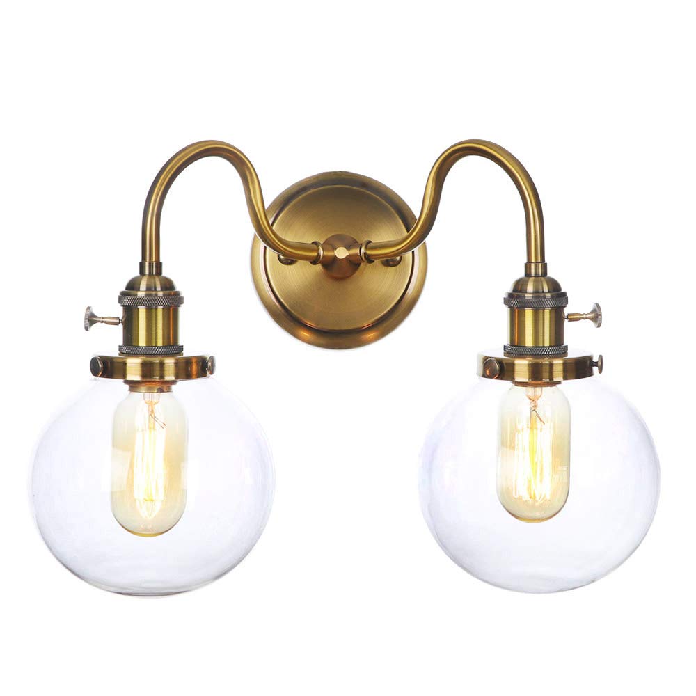 Vintage Gold Metal Wall Lamps with Clear Glass Lampshade - 2-Light Bedroom Sconce with Switch | Perfect for Bedroom, Living Room, Hallway & Reading Nook Lighting