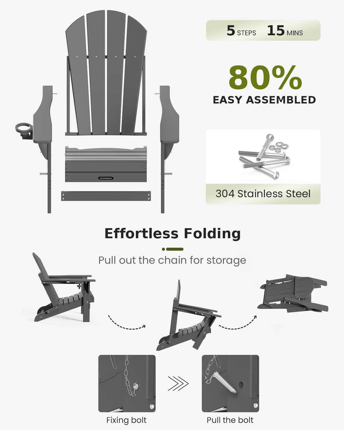MUCHENGHY Folding Adirondack Chairs - Heavy Duty HDPE Weather-Resistant Outdoor Patio Chairs for Firepit, Lawn, Garden & Poolside - 380lb Weight Capacity, 15-Minute Assembly, Gray - Perfect for Backyard Relaxation and Camping