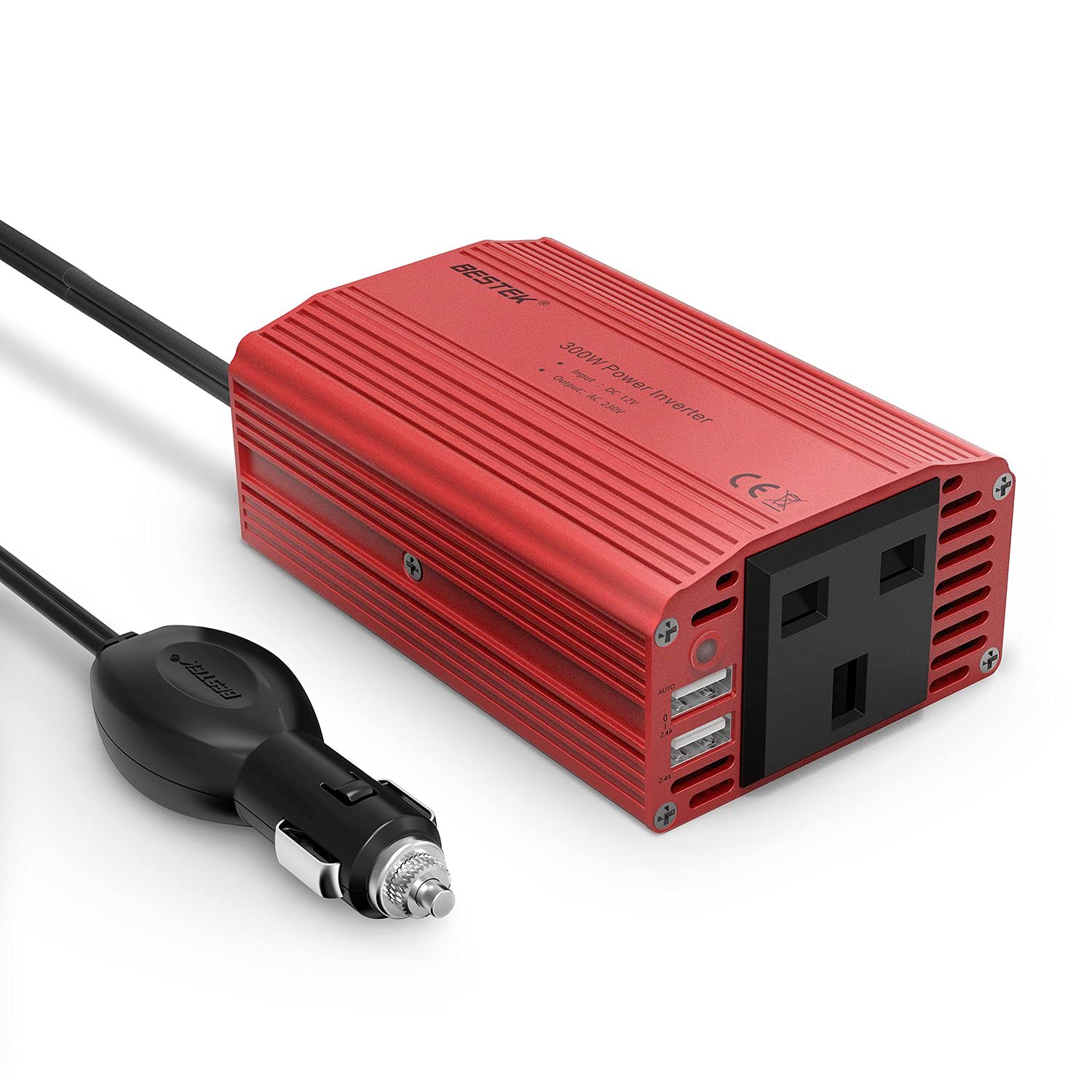 BESTEK 300W Car Power Inverter DC 12V to 230V AC Converter with 2 AC Outlets & 4.8A Dual USB Ports - Ideal for Road Trips, Camping, and Charging Laptops/Devices On The Go
