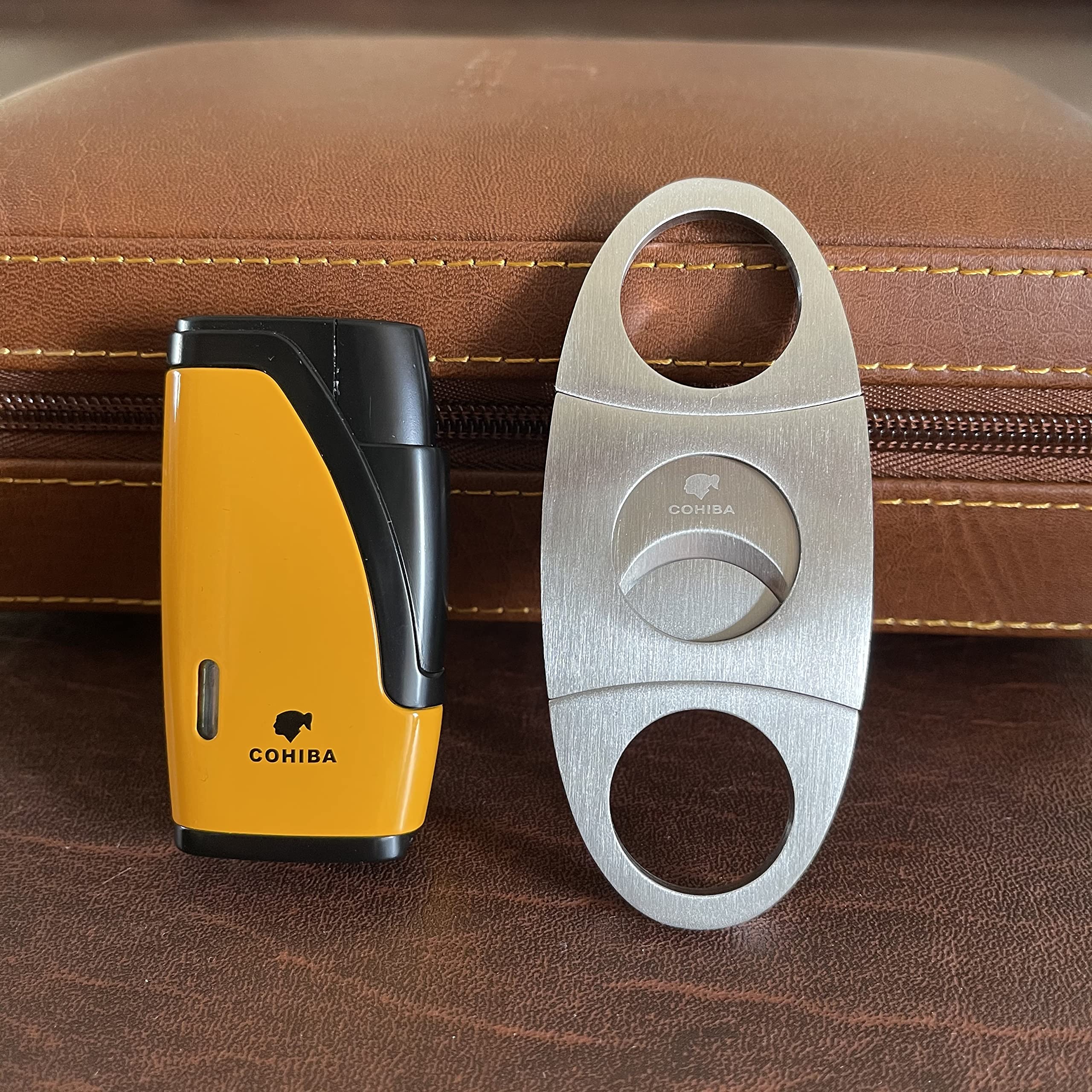 Premium Brown Leather Travel Humidor Case - Holds 4-6 Cigars with Cedar Wood Lining, Cutter & Lighter Gift Set - Perfect for Business Travel, Gifts & Cigar Enthusiasts