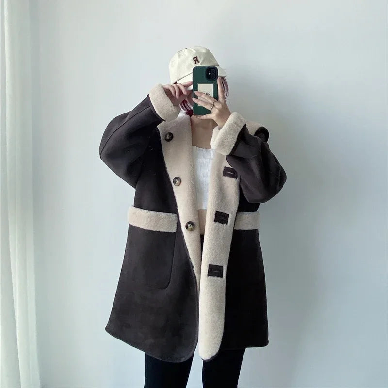 Women's Fashion Sheep Shearling Fur Jacket - Warm Mid-Length Casual Wool Coat with Hood | Korean Style Winter Outerwear for Women | Perfect for Daily Wear, Office & Outdoor Activities
