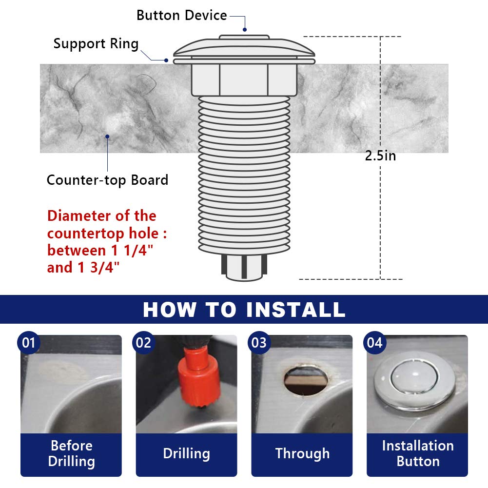 Air Activated Switch Button with Air Hose - 2.5 Inch Sink Top Black Push Button for Food Waste Garbage Disposal - Perfect for Kitchen Sink Waste Management Systems