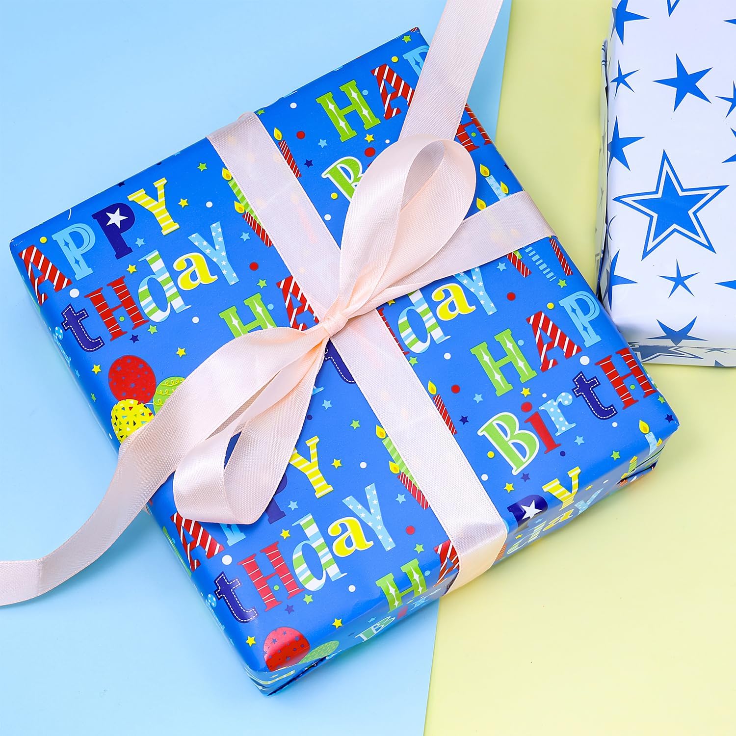 BOLIANNE Reversible Birthday Wrapping Paper Roll - Colorful Happy Birthday Gift Wrap for Boys, Girls, Kids, Adults & Baby Showers - 17.7 x 33 Inch High Gloss Party Gift Wrapping Paper - Perfect for Birthdays, Celebrations & Special Occasions